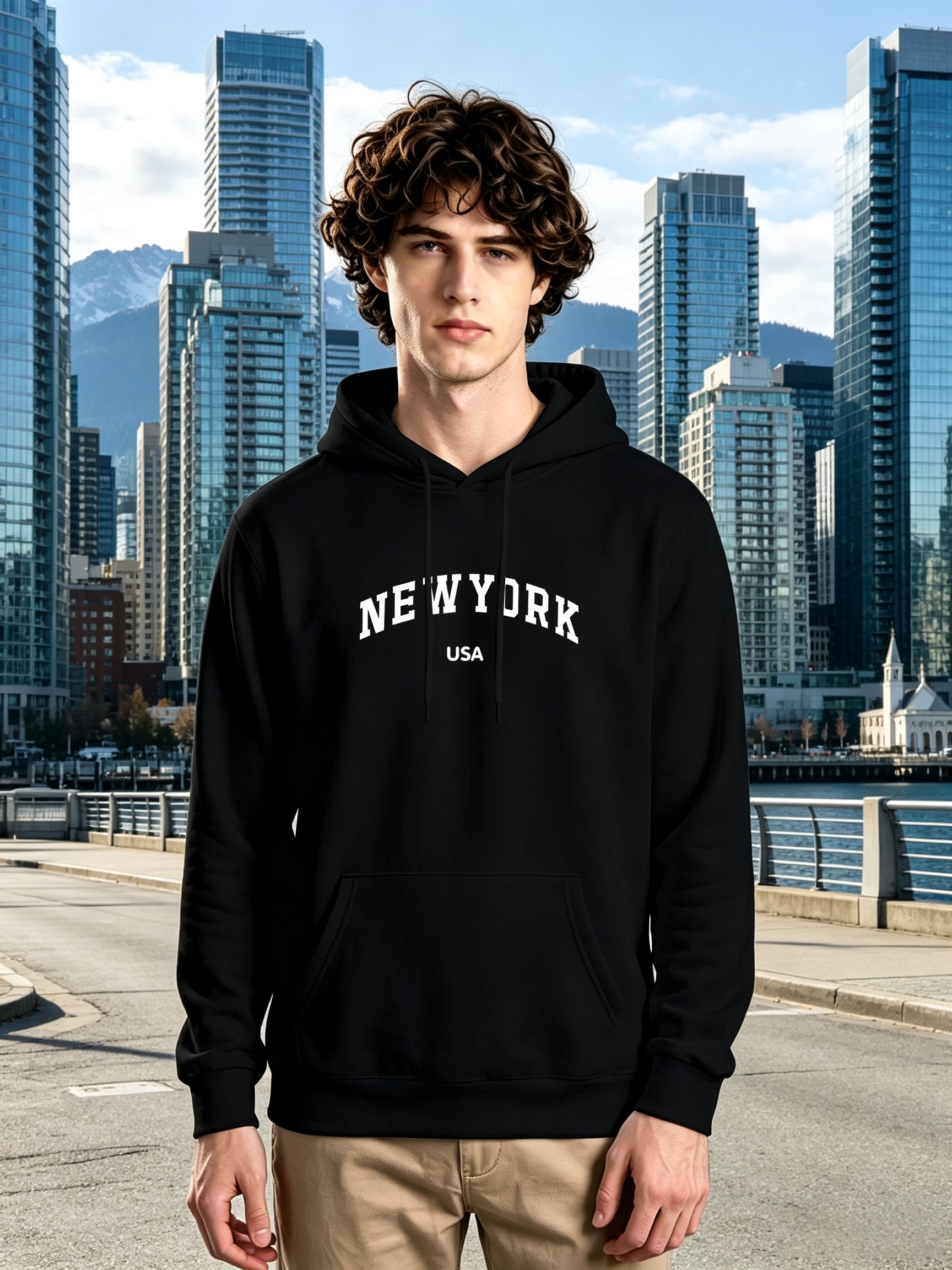 Black NY Print Kangaroo Pocket Hoodie