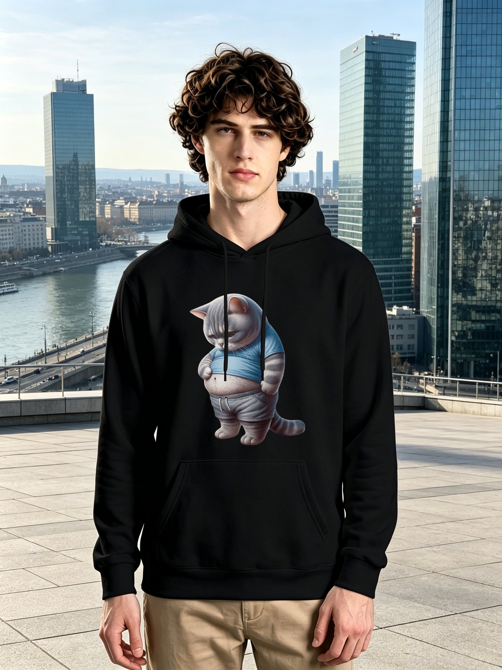 Black Cat Print Long Sleeves Hoodie