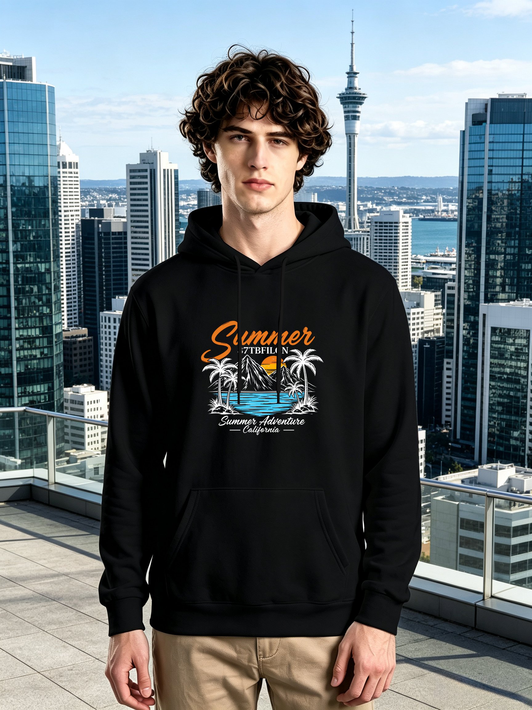 Black Graphic Print Long Sleeves Hoodie