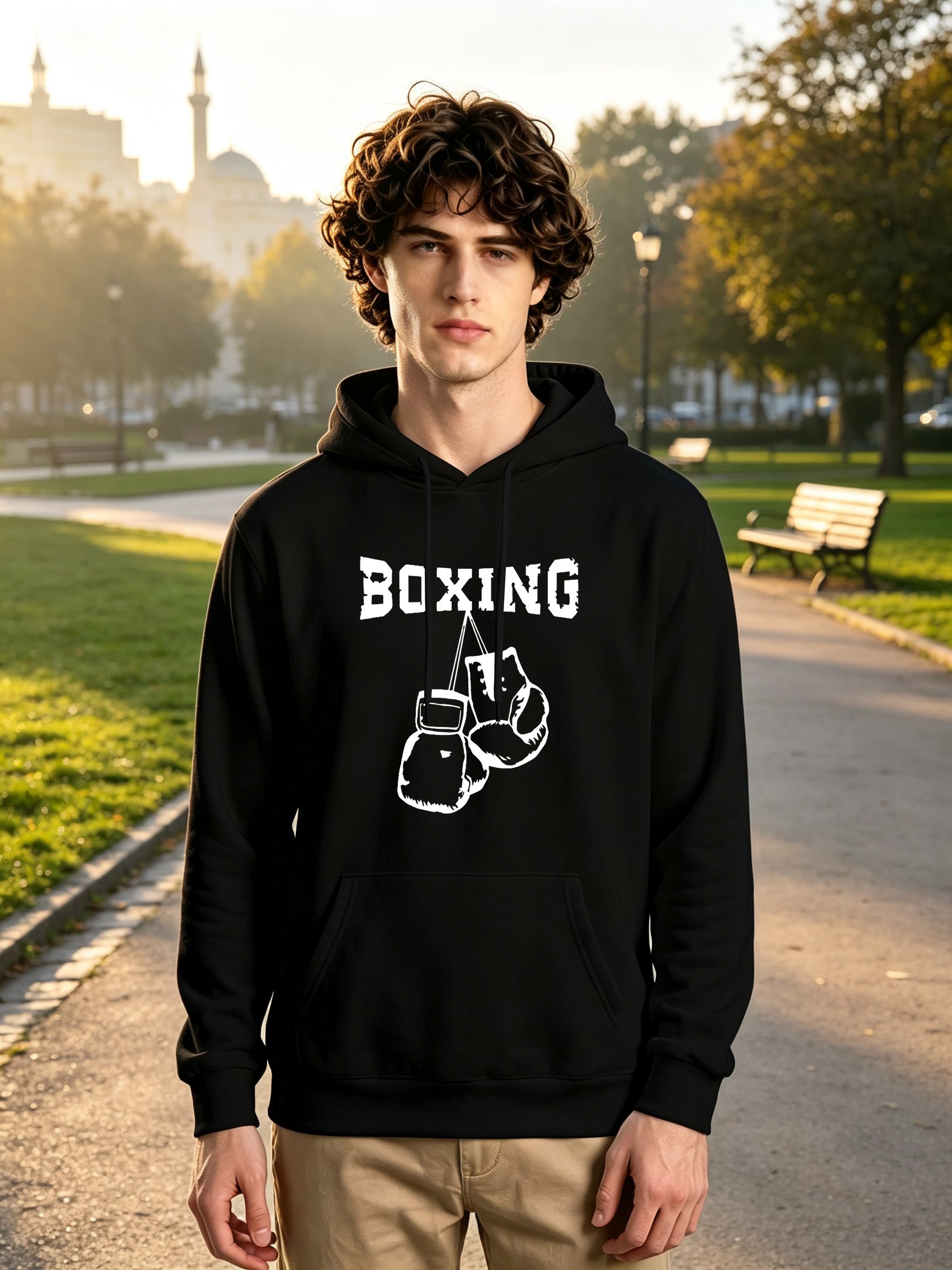 Black Graphic Print Knagaroo Pocket Hoodie