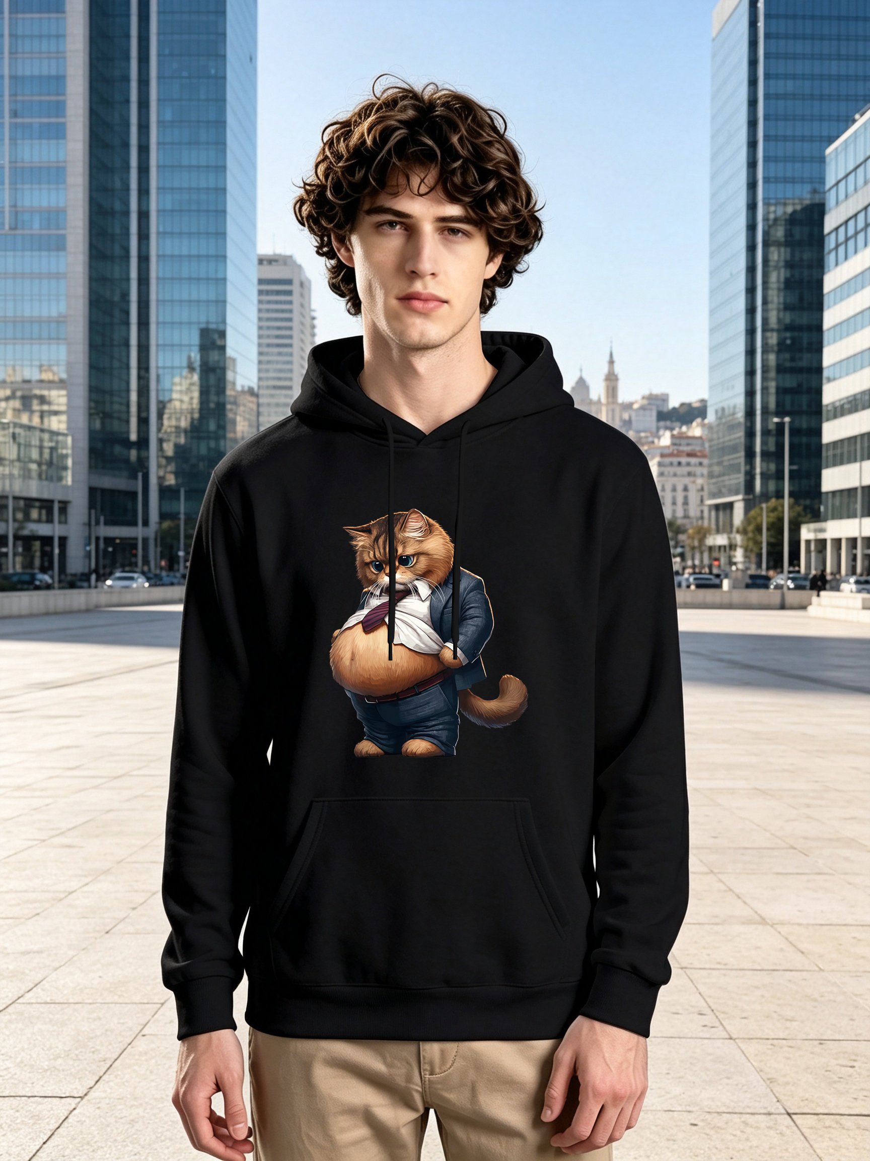 Black Cat Print Long Sleeves Cangaroo Pocket Hoodie