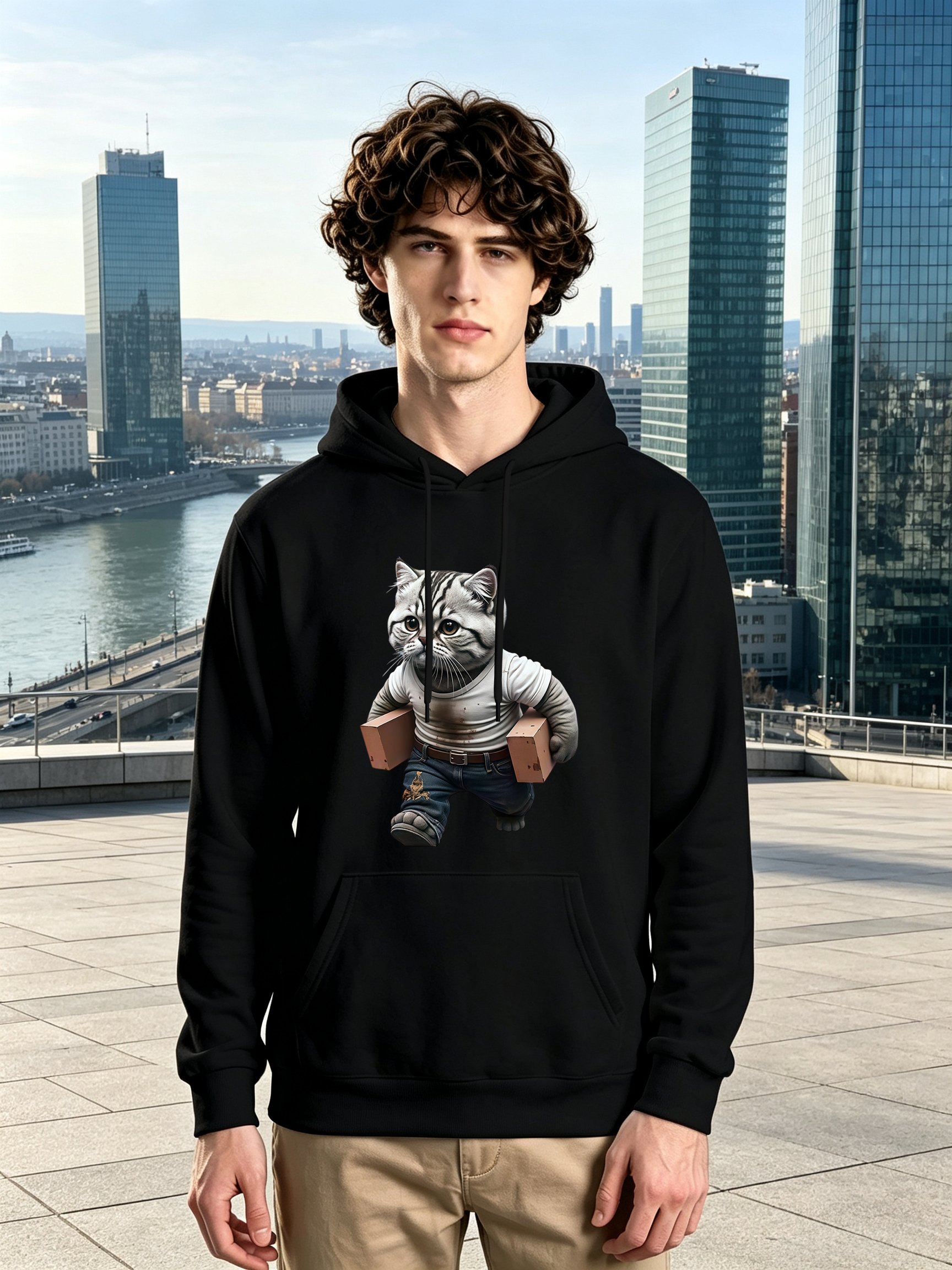 Black Cat Print Long Sleeves Hoodie
