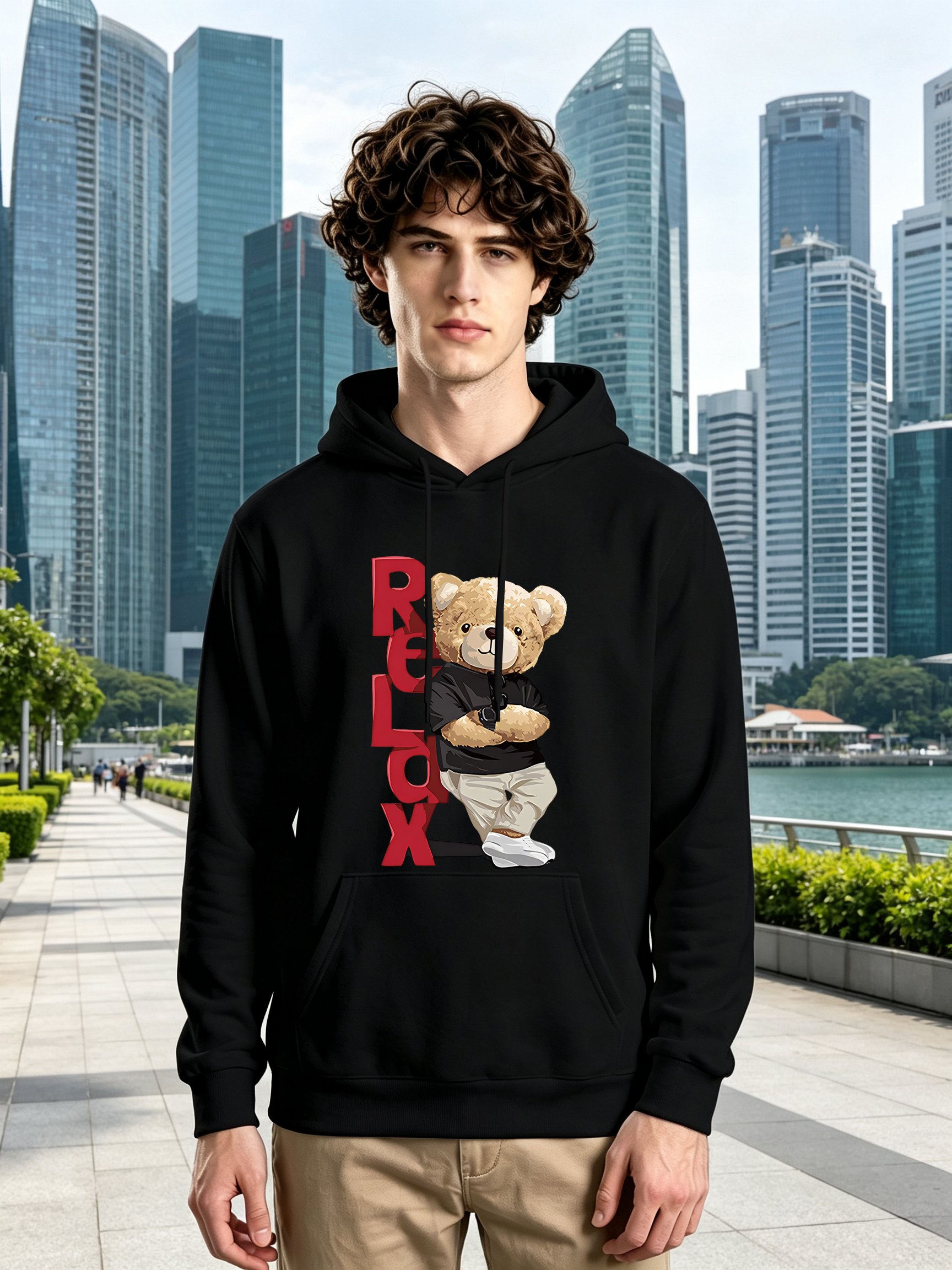 Black Teddy Bear Print Long Sleeves Pullover Hoodie