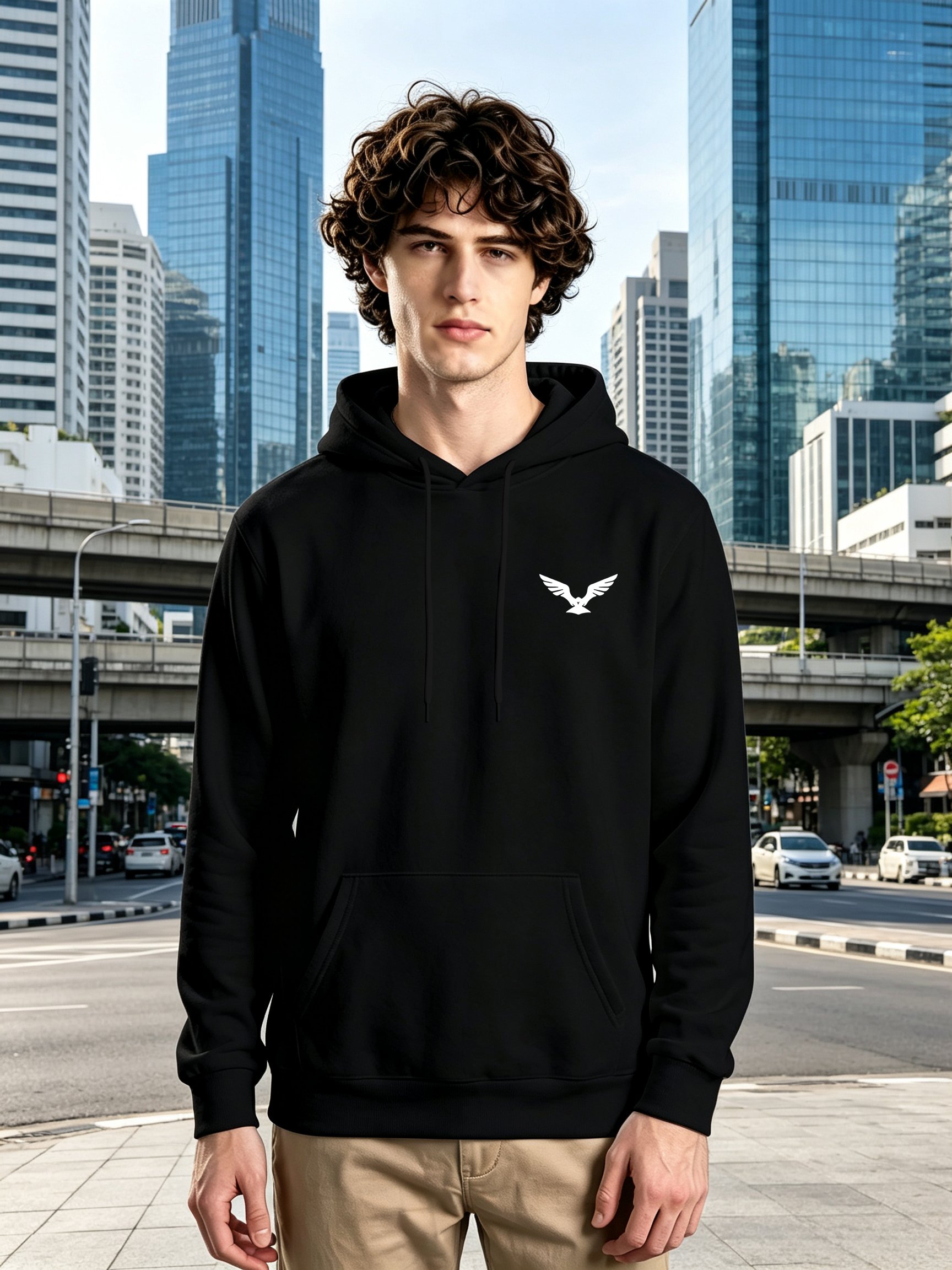 Black Logo Print Kangaroo Pocket Hoodie