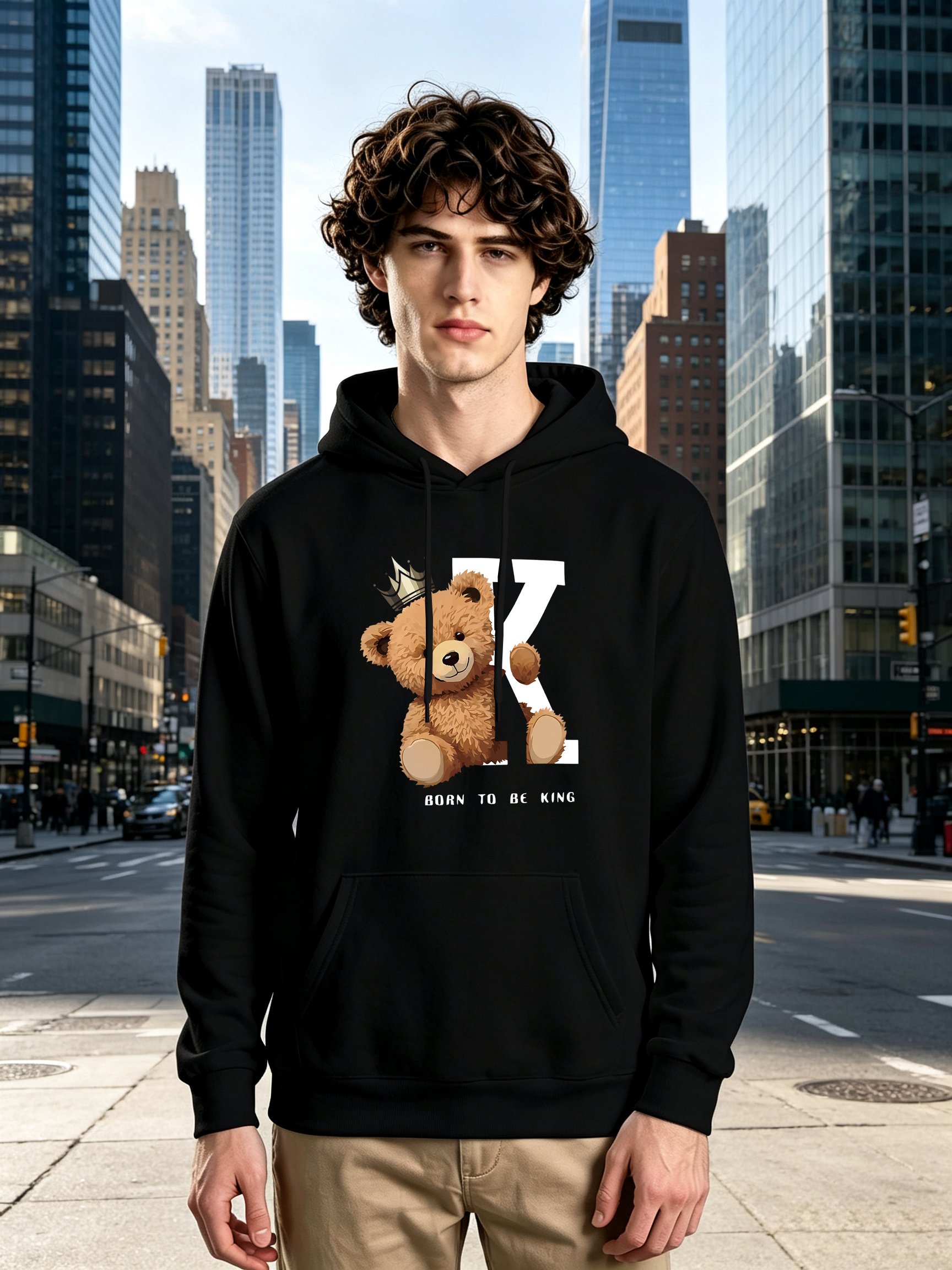 Black Teddy Bear Print Long Sleeves Hoodie