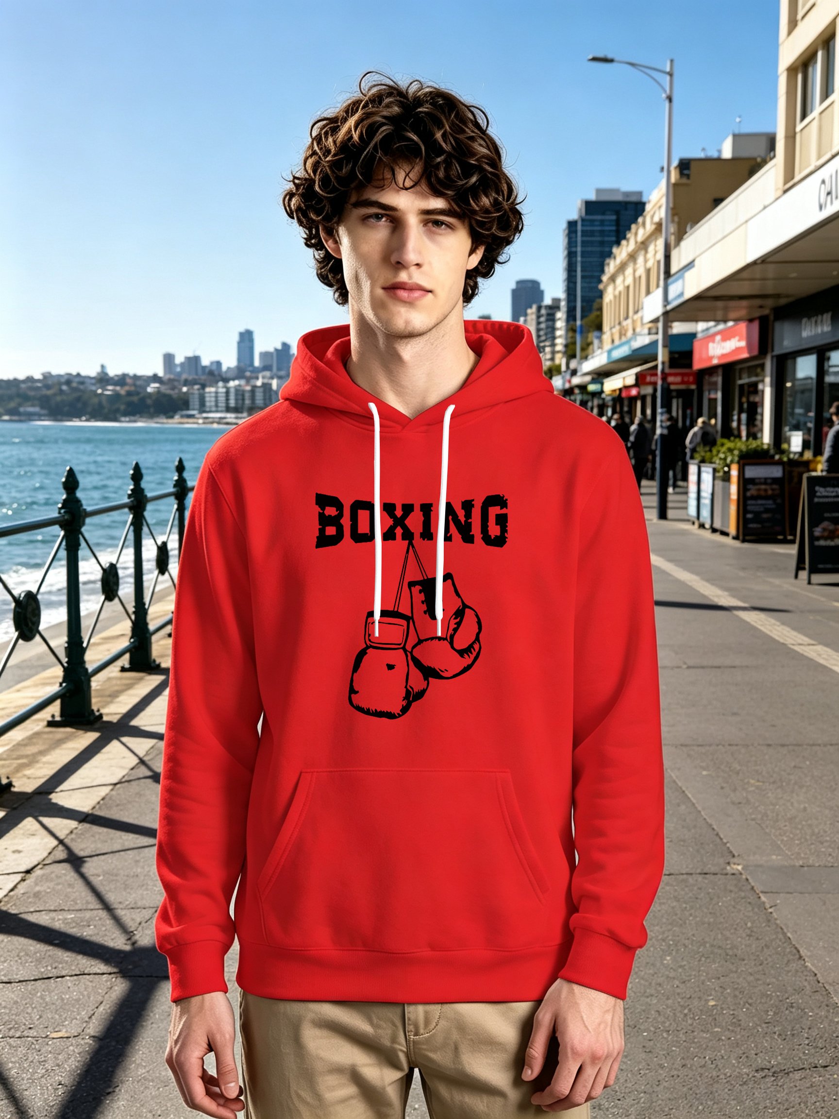 Red Graphic Print Long Sleeves Hoodie