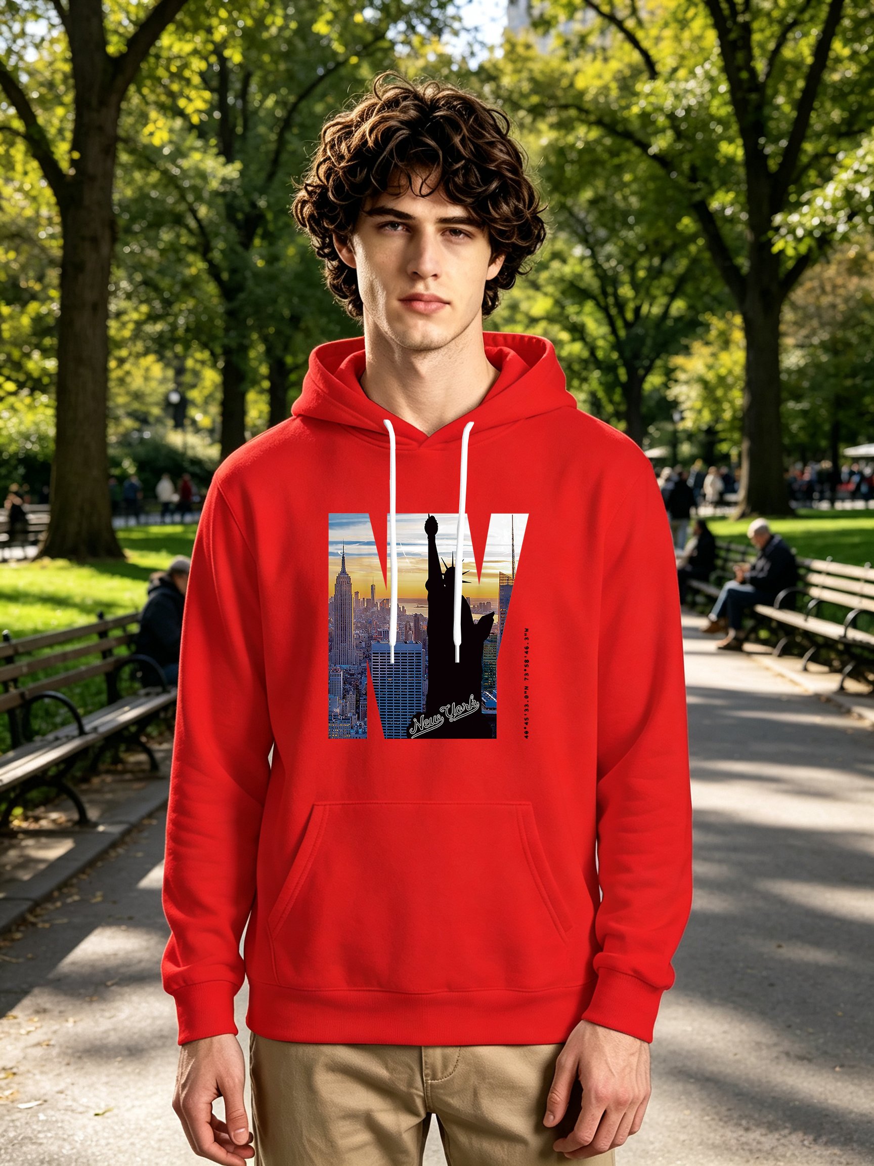 Red NY Print Long Sleeves Pullover Hoodie
