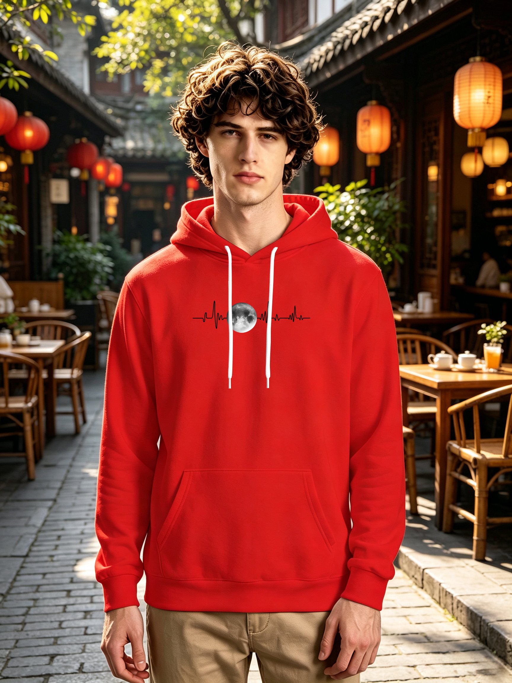 Red Graphic Print Long Sleeves Pullover Hoodie