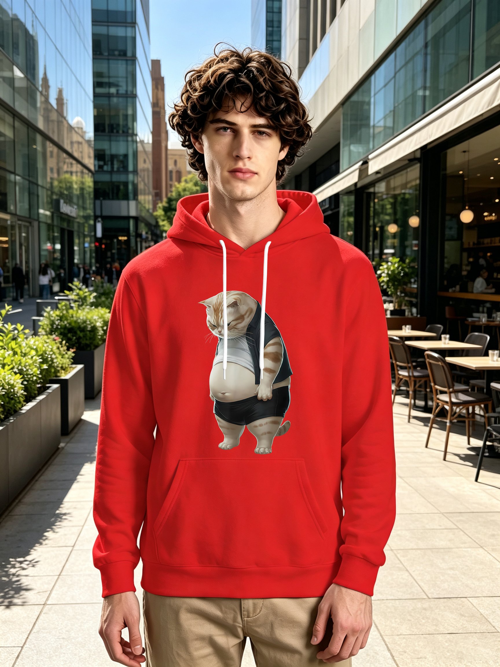 Red Cat Print Long Sleeves Hoodie