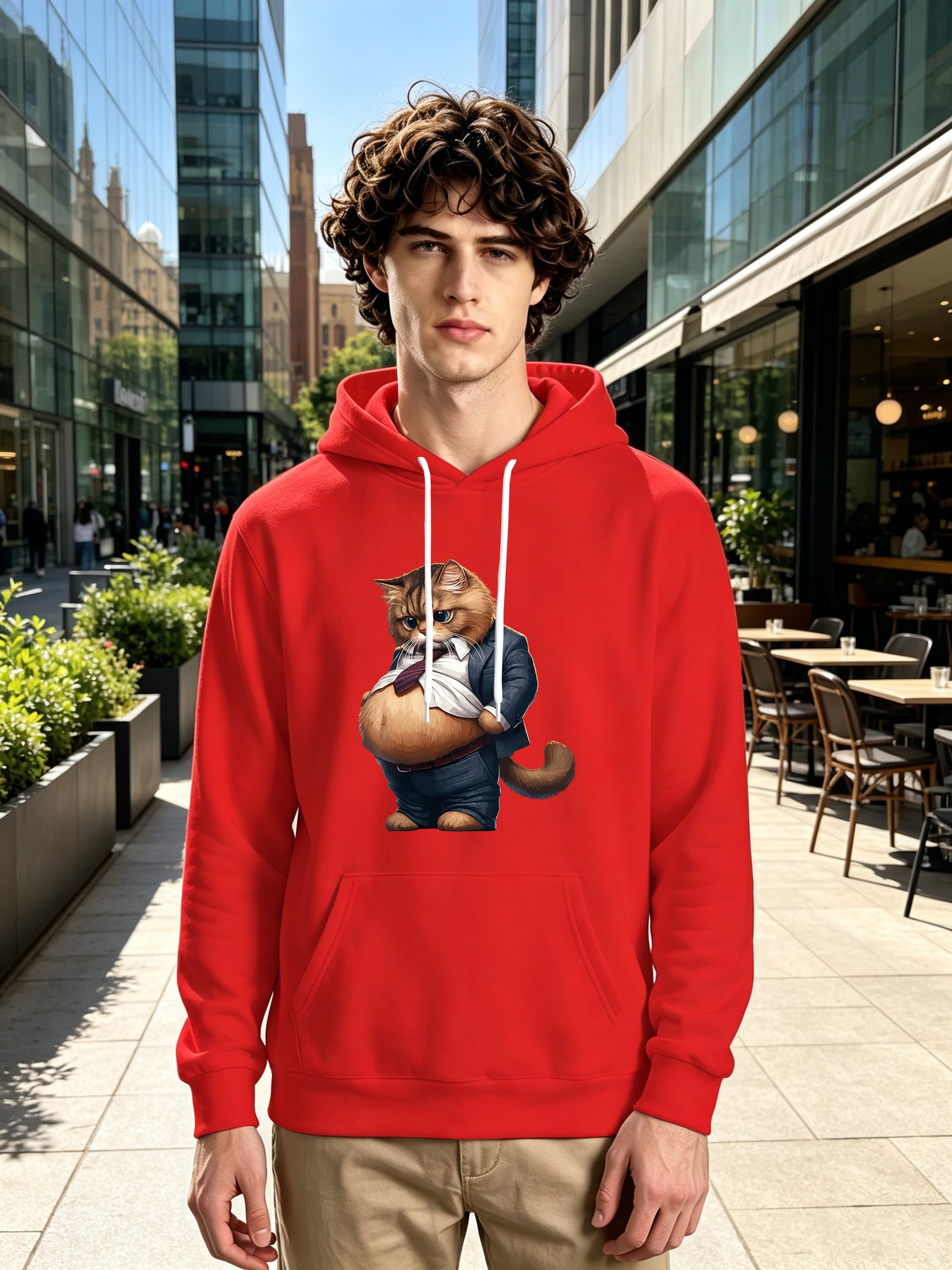Red Cat Print Long Sleeves Hoodie