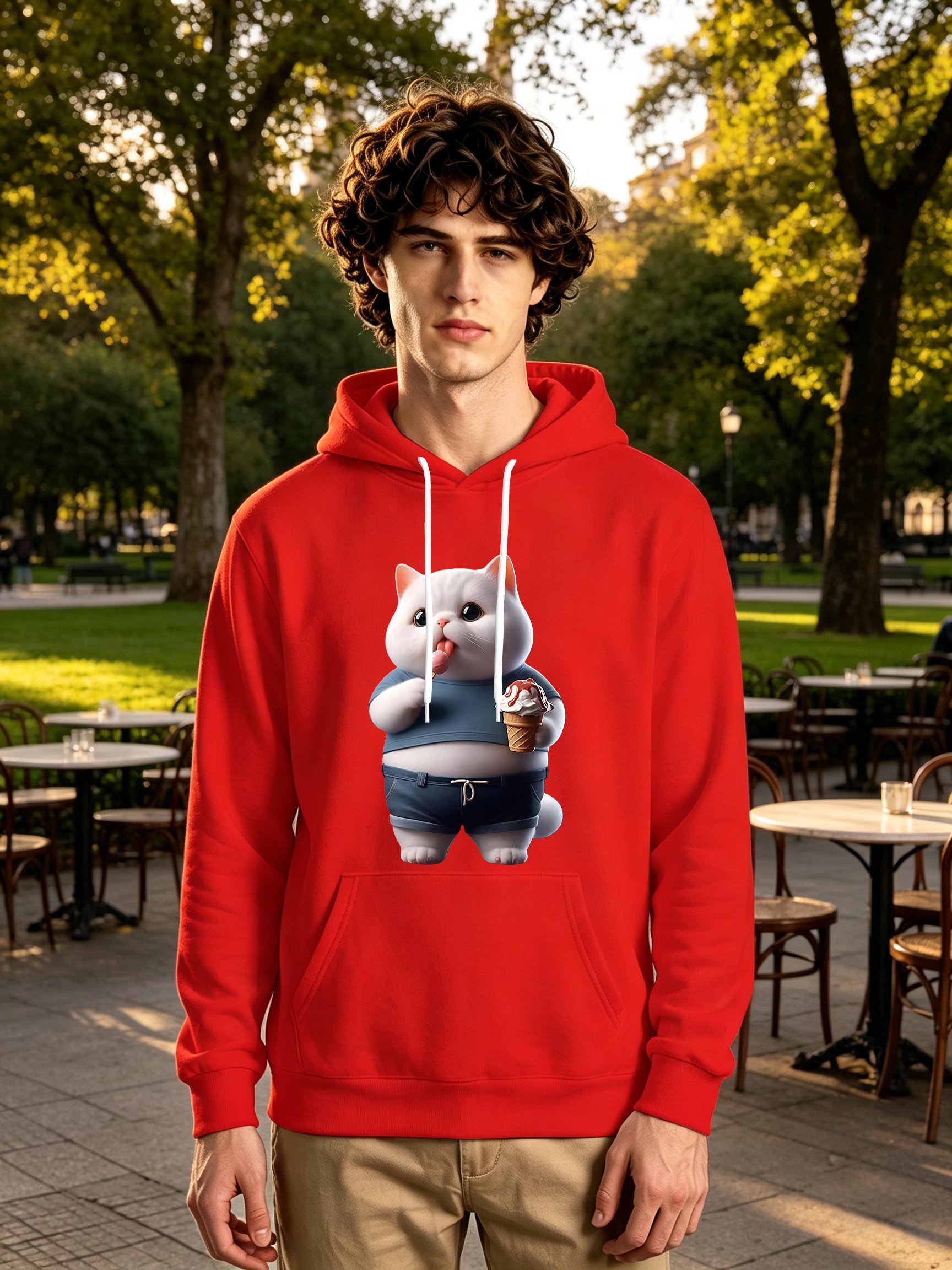 Red Cat Print Kangaroo Pocket Hoodie