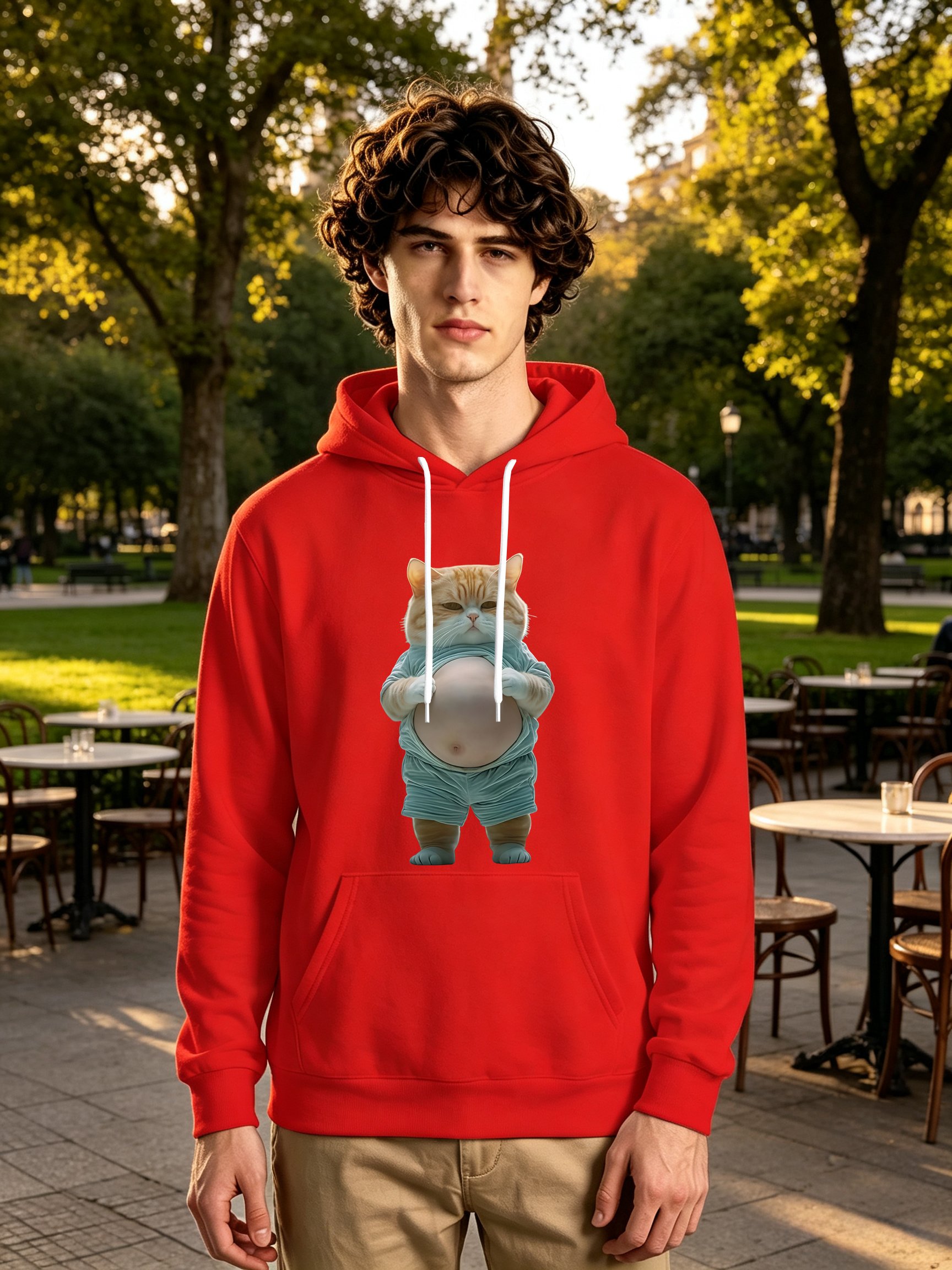 Red Cat Print Long Sleeves Pullover Hoodie