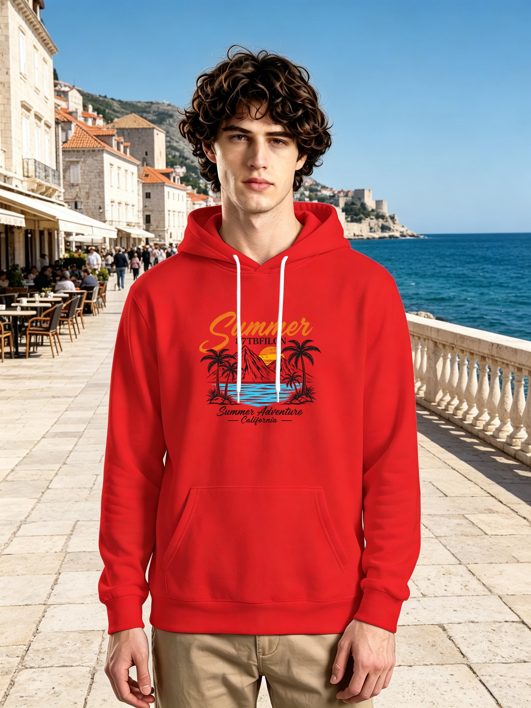 Red Graphic Print Kangaroo Pocket Hoodie