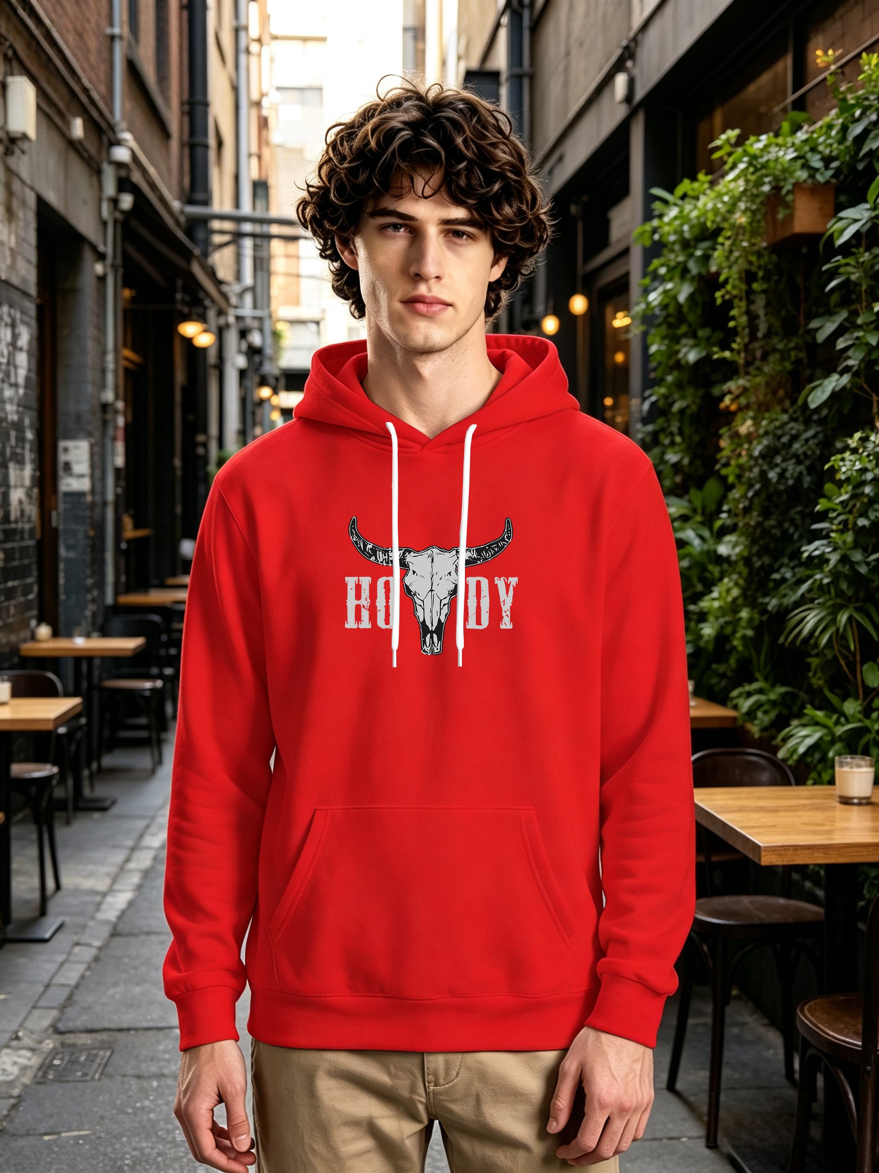 Red Graphic Print Long Sleeves Hoodie
