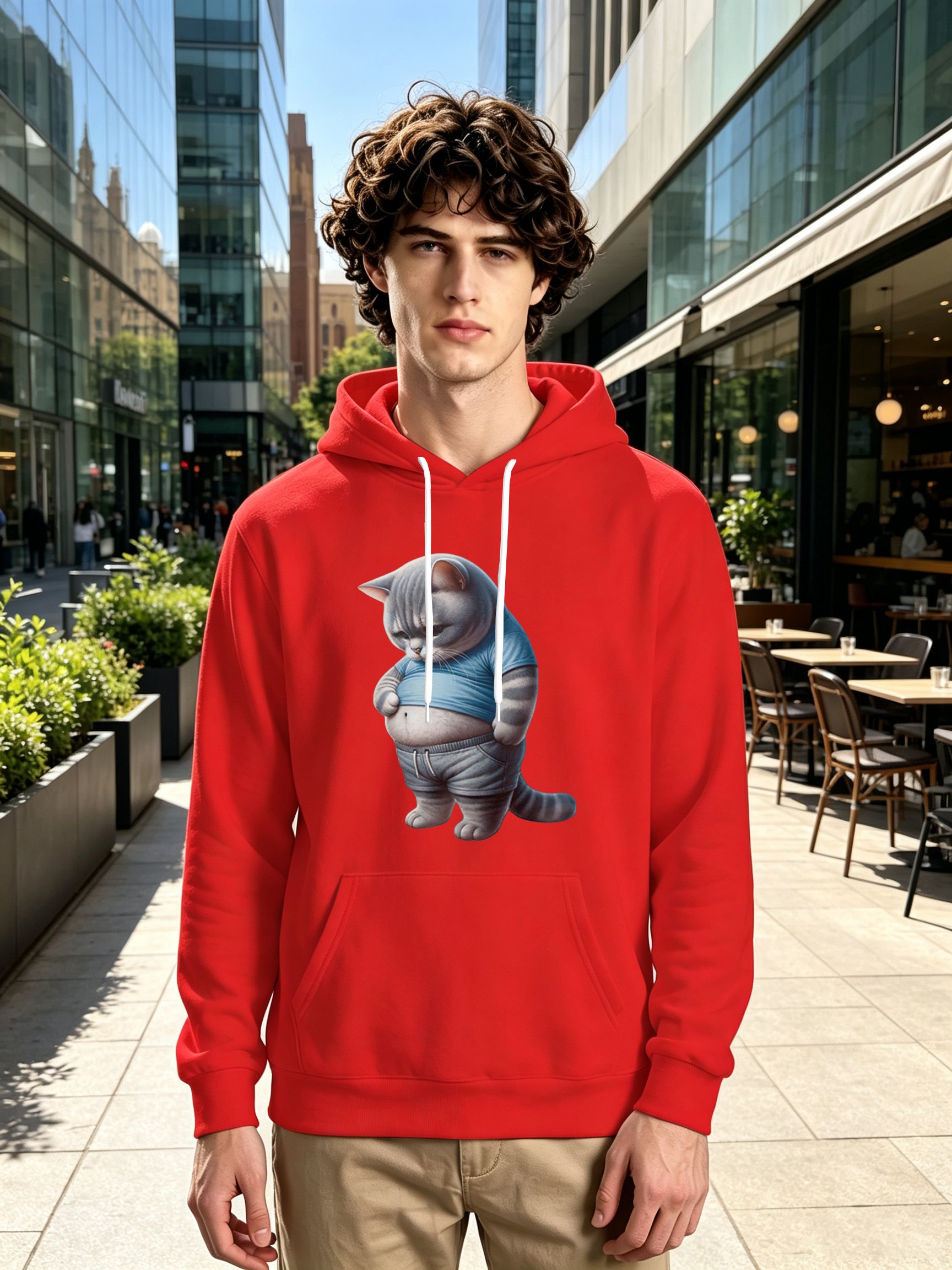 Red Cat Print Long Sleeves Pullover Hoodie