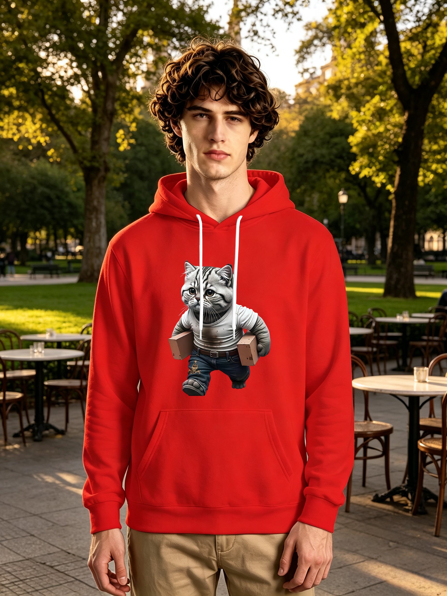 Red Cat Print Long Sleeves Pullover Hoodie