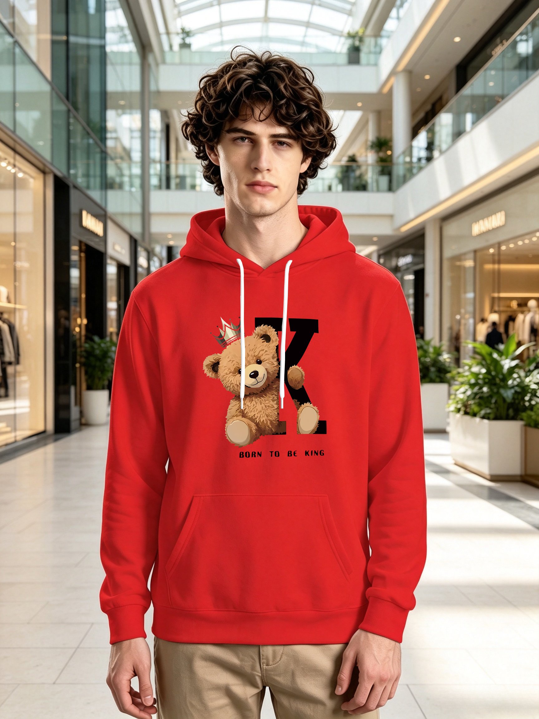 Red Teddy Bear Print Kangaroo Pocket Pullover Hoodie