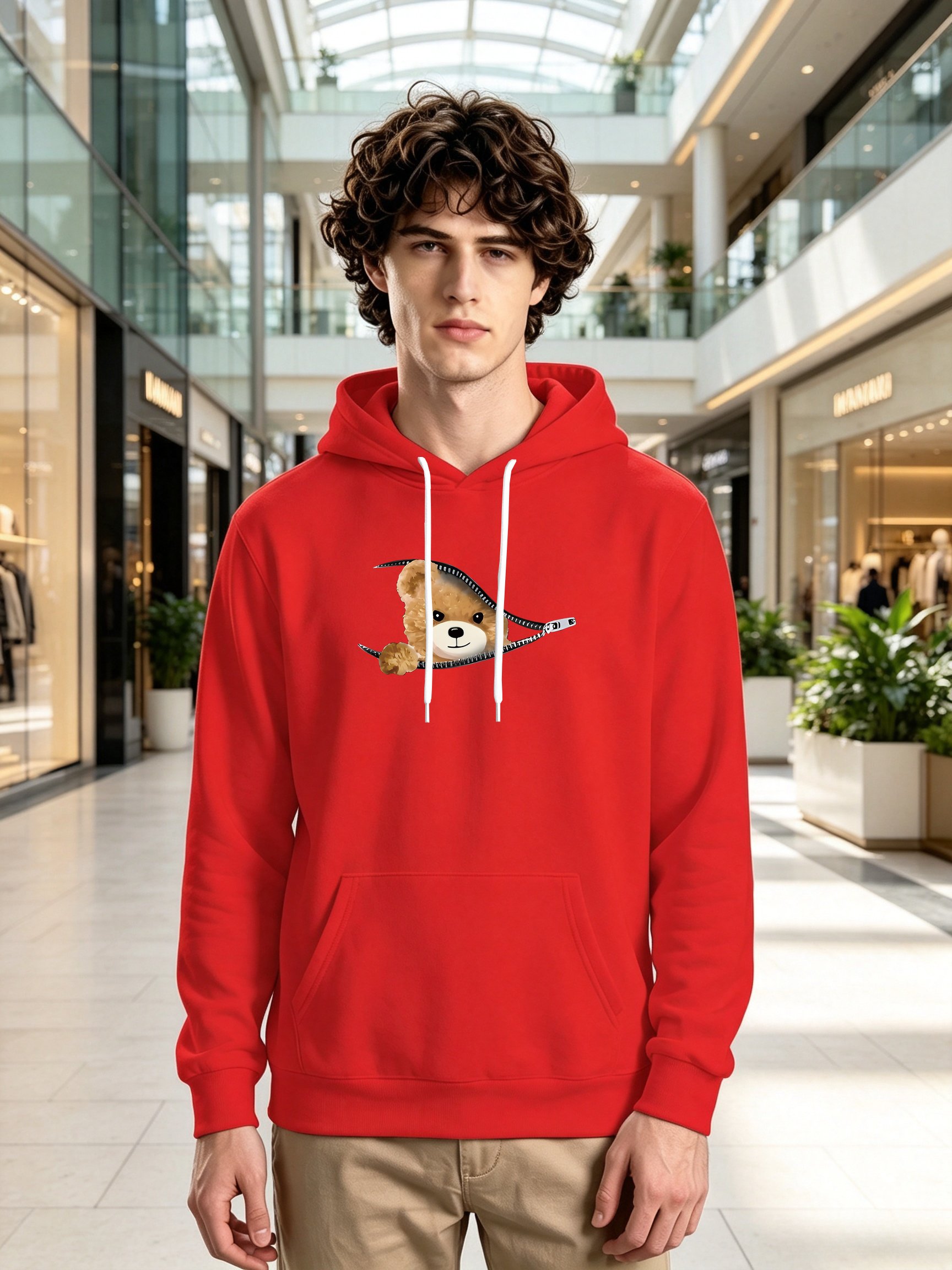 Red Teddy Bear Print Long Sleeves Hoodie