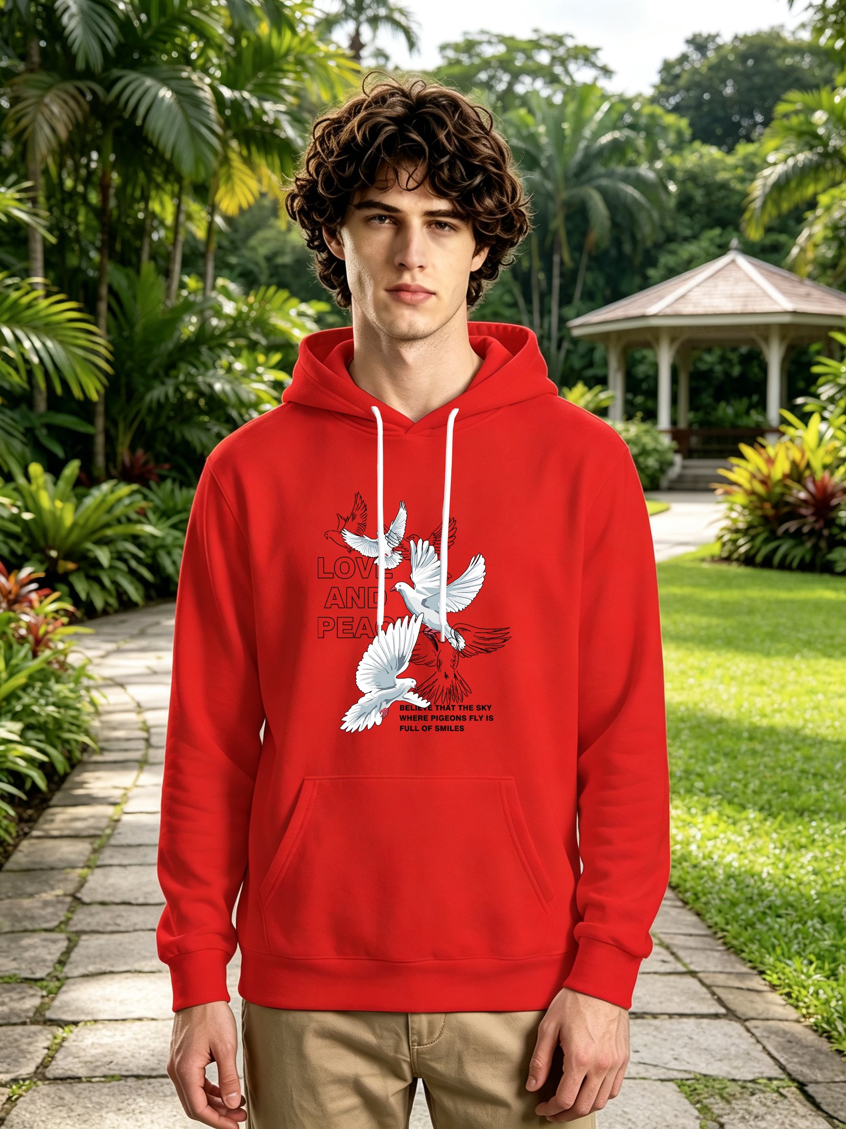 Red Graphic Print Kangaroo Poacket Hoodie