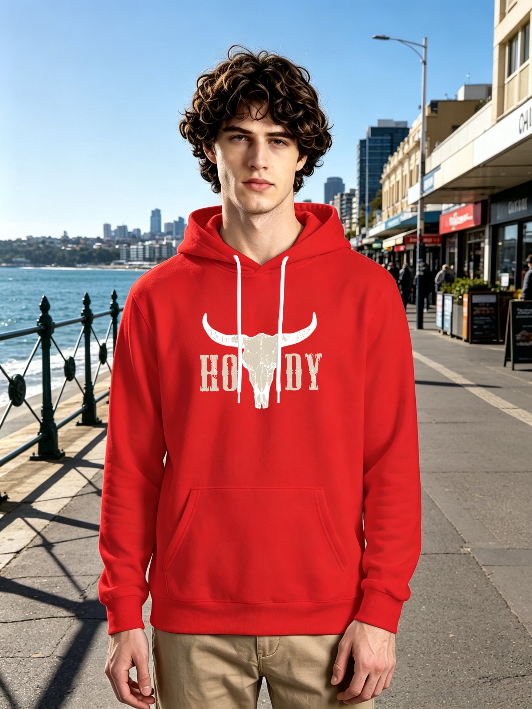 Red Graphic Print Long Sleeves Pullover Hoodie