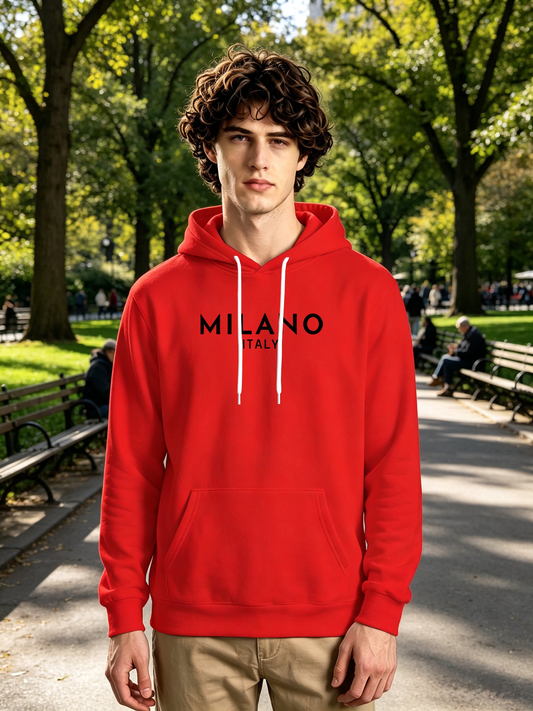 Red Milano Italy Print Long Sleeves Hoodie