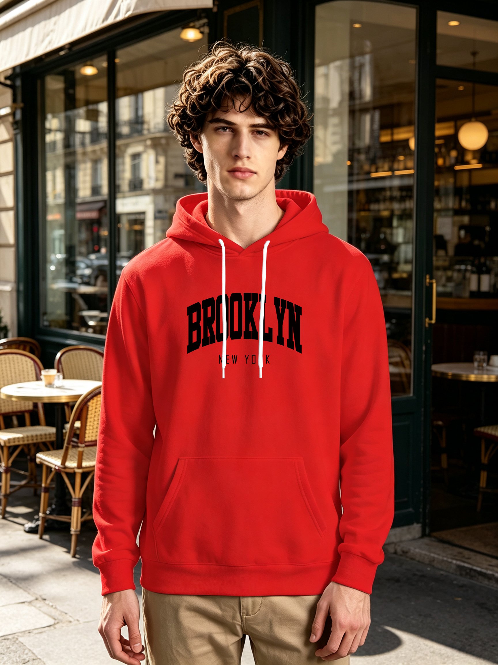 Red Graphic Print Long Sleeves Hoodie with Drawstrings