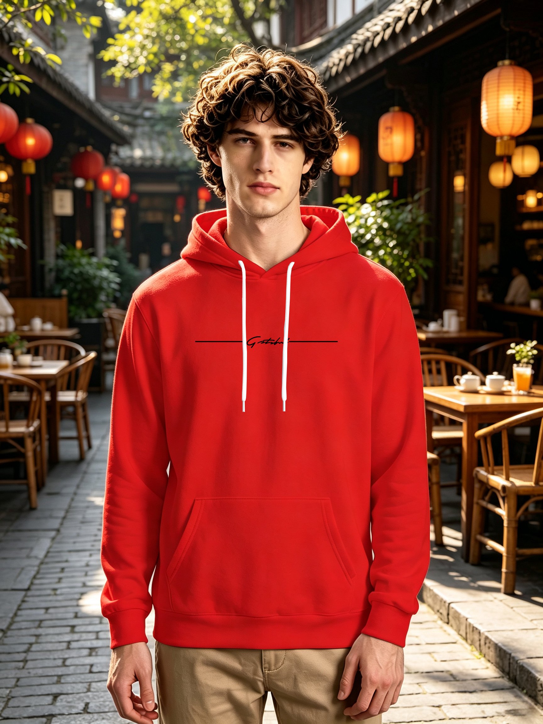 Red Printed Long Sleeves Pullover Hoodie