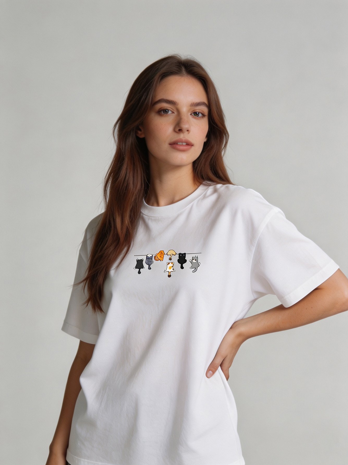 White Cat Print Short Sleeves T-Shirt