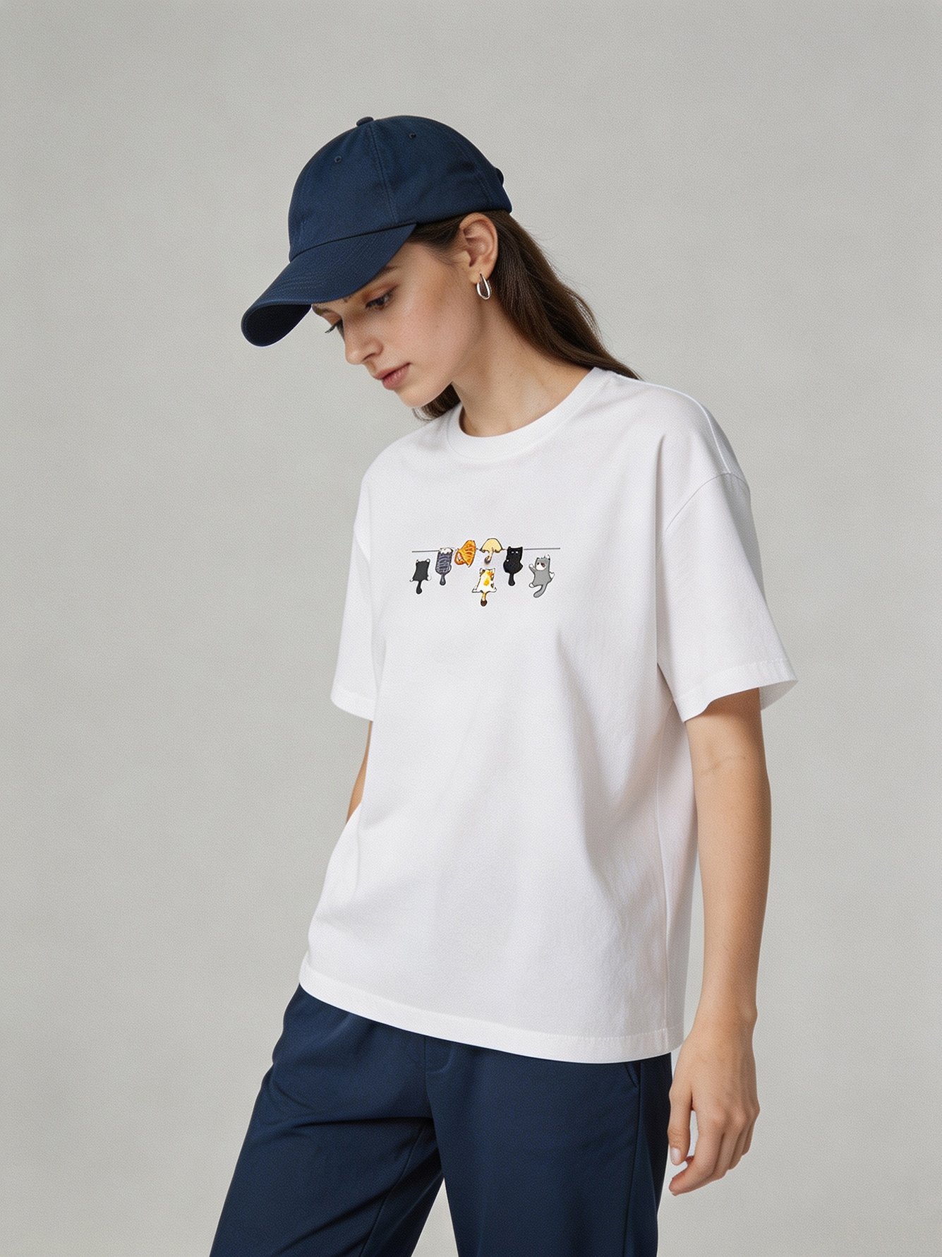 White Cat Print Short Sleeves T-Shirt