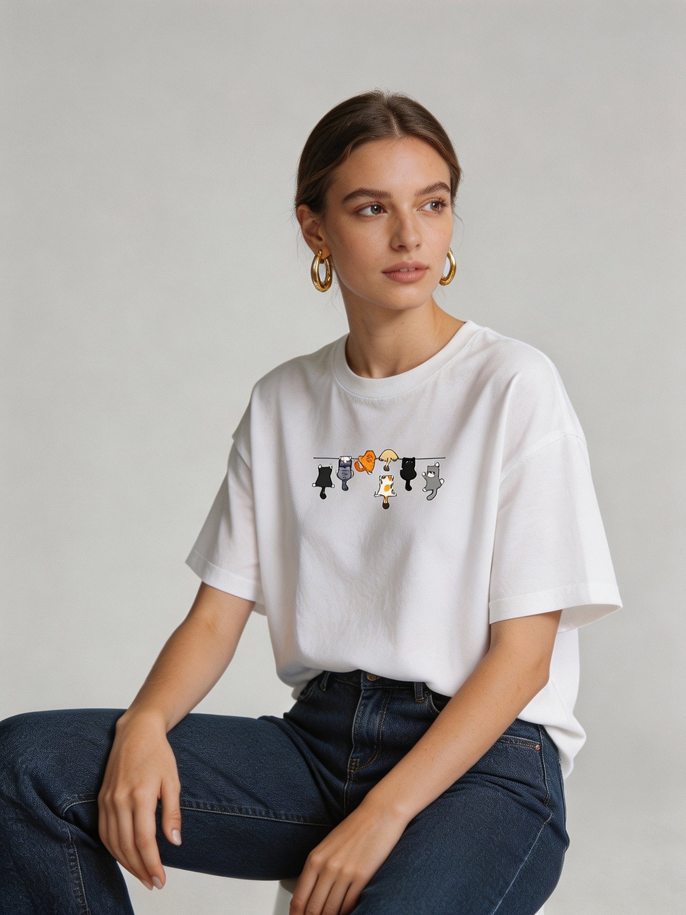 White Cat Print Short Sleeves T-Shirt