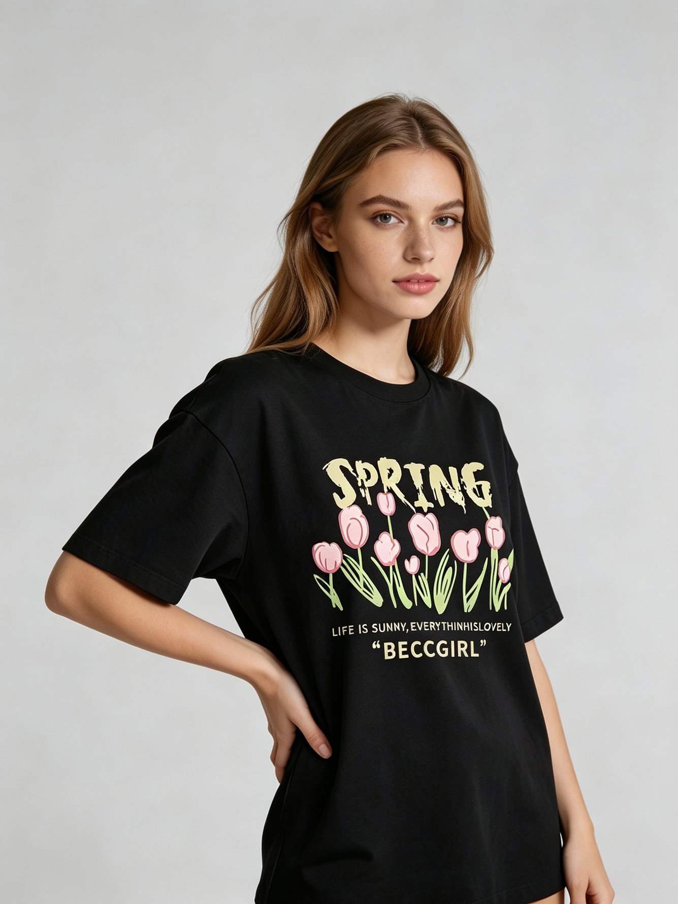 Black Tulip Print Short Sleeves T-Shirt
