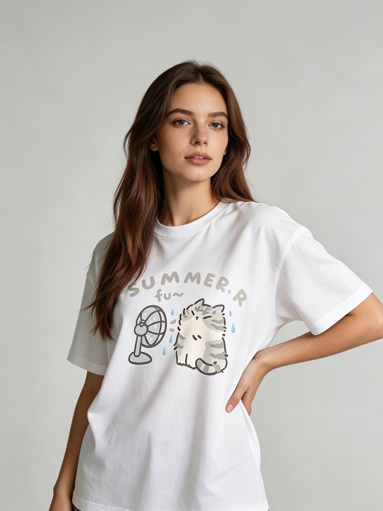 White Cat print Short Sleeves T-Shirt