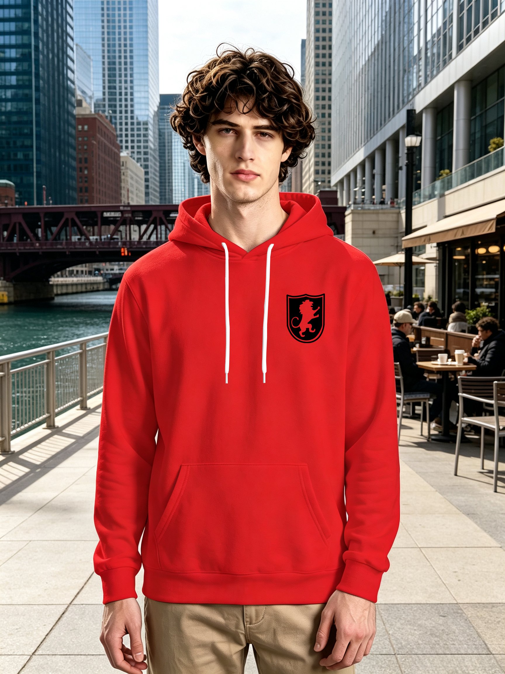 Red Logo Print Kangaroo Pocket Long Sleeves Hoodie