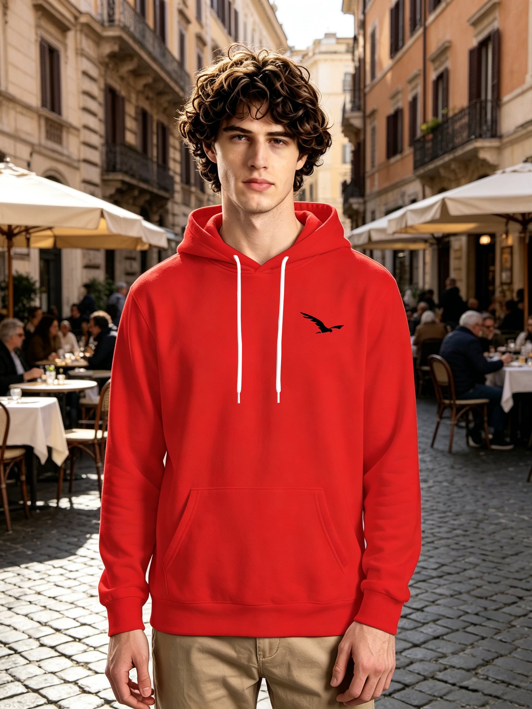 Red Logo Print Kangaroo Pocket Hoodie