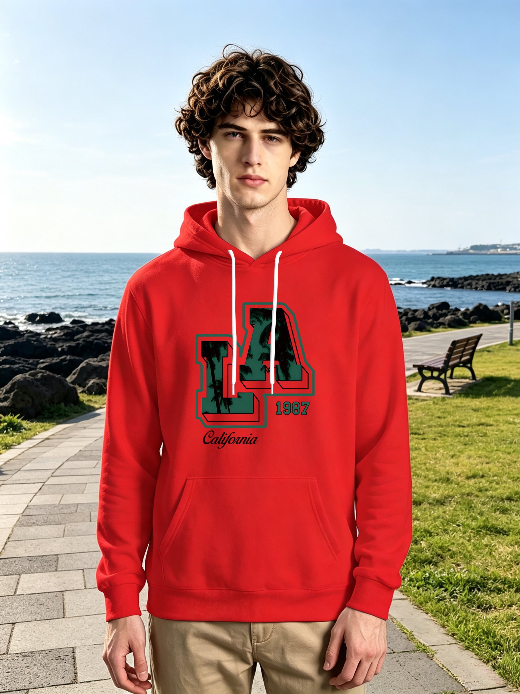 Red LA Print Kangaroo Print Long Sleeves Hoodie