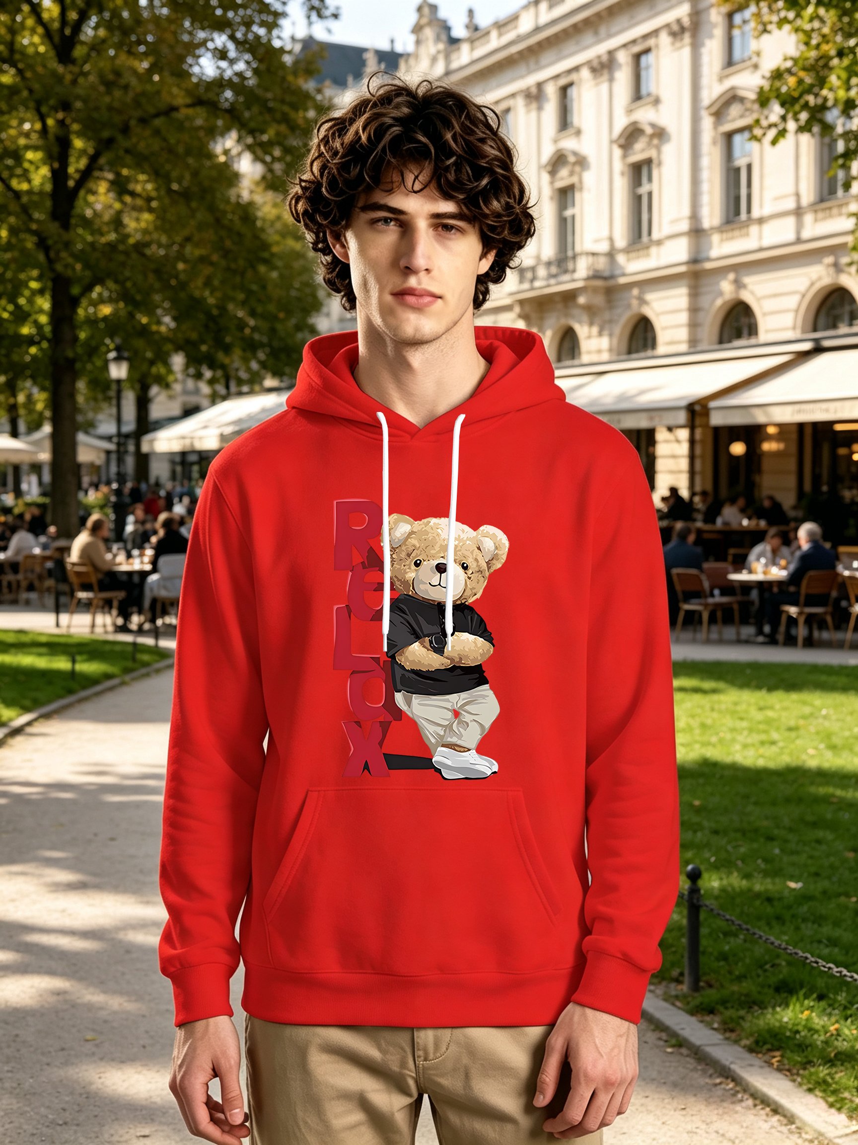 Red Teddy Bear Print Long Sleeves Hoodie