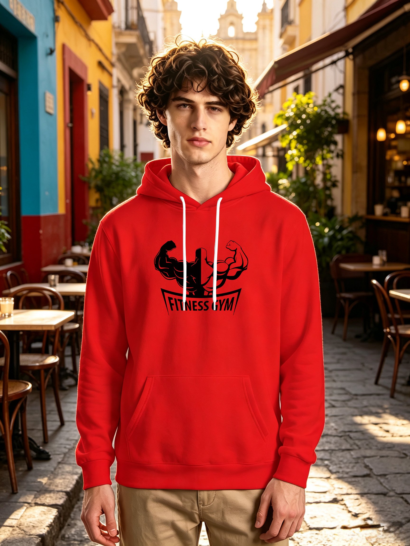 Red Graphic Print Long Sleeves Hoodie
