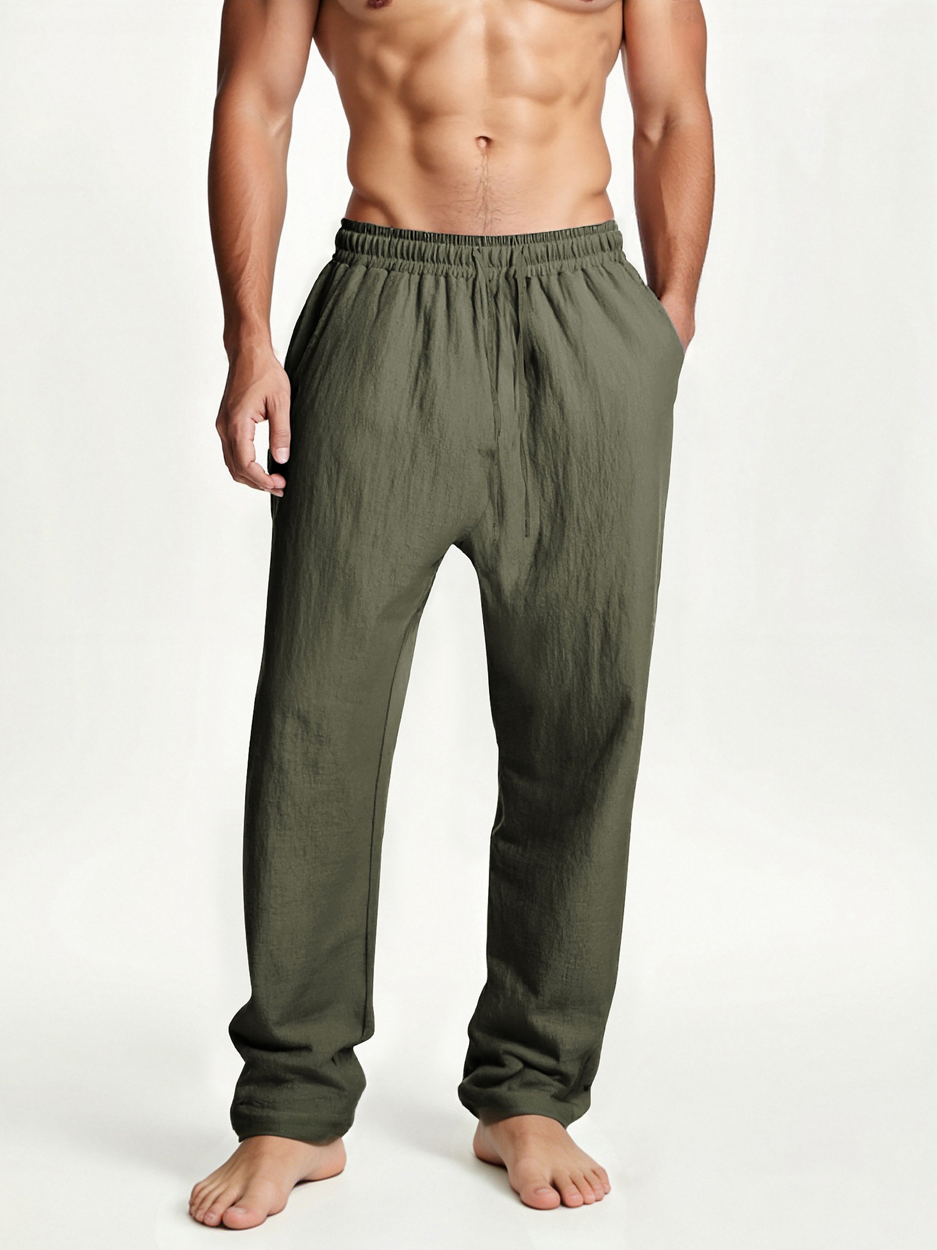 Mens Green Solid Drawstring Pants