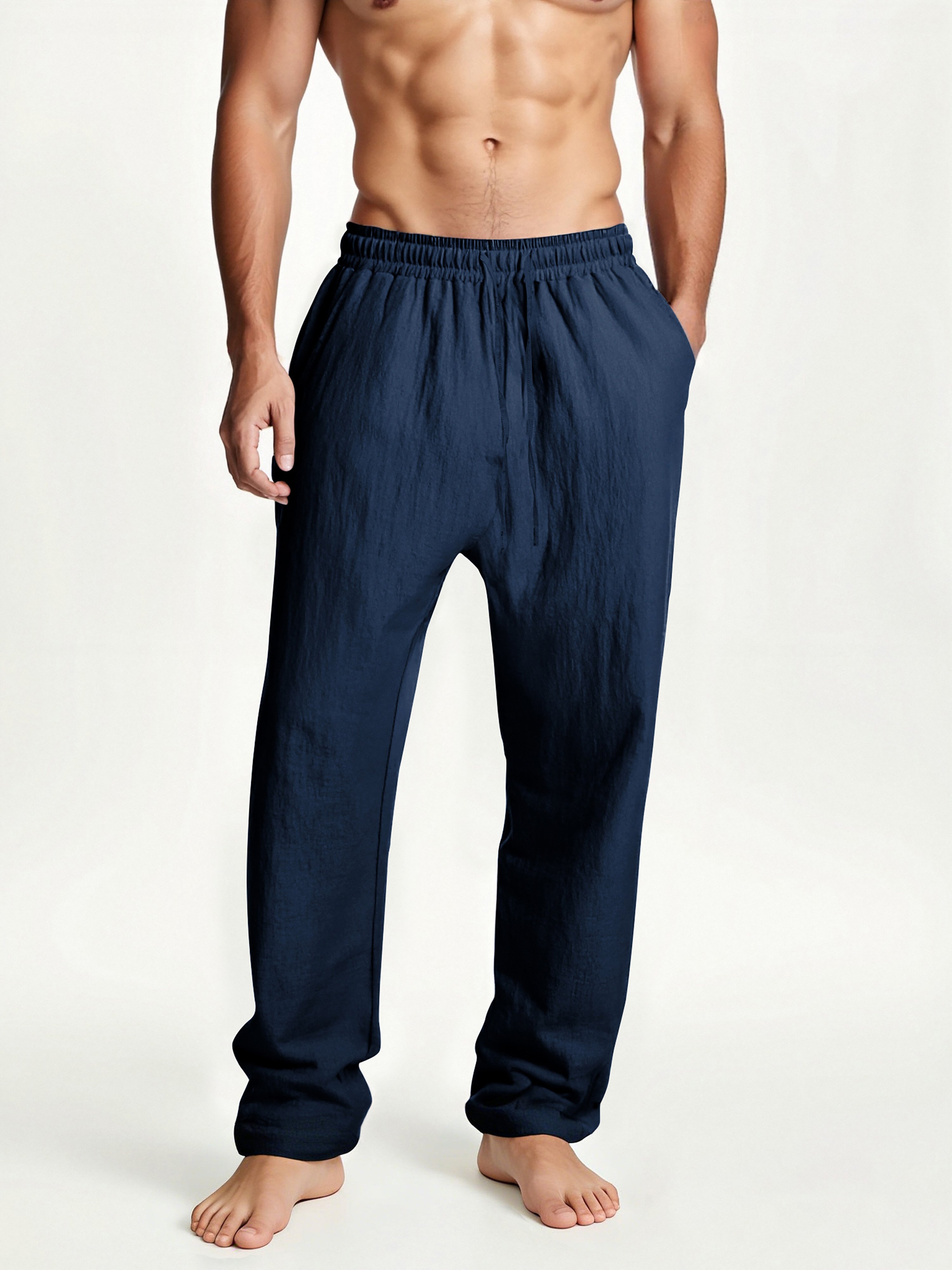 Mens Dark Blue Solid Drawstring Pants