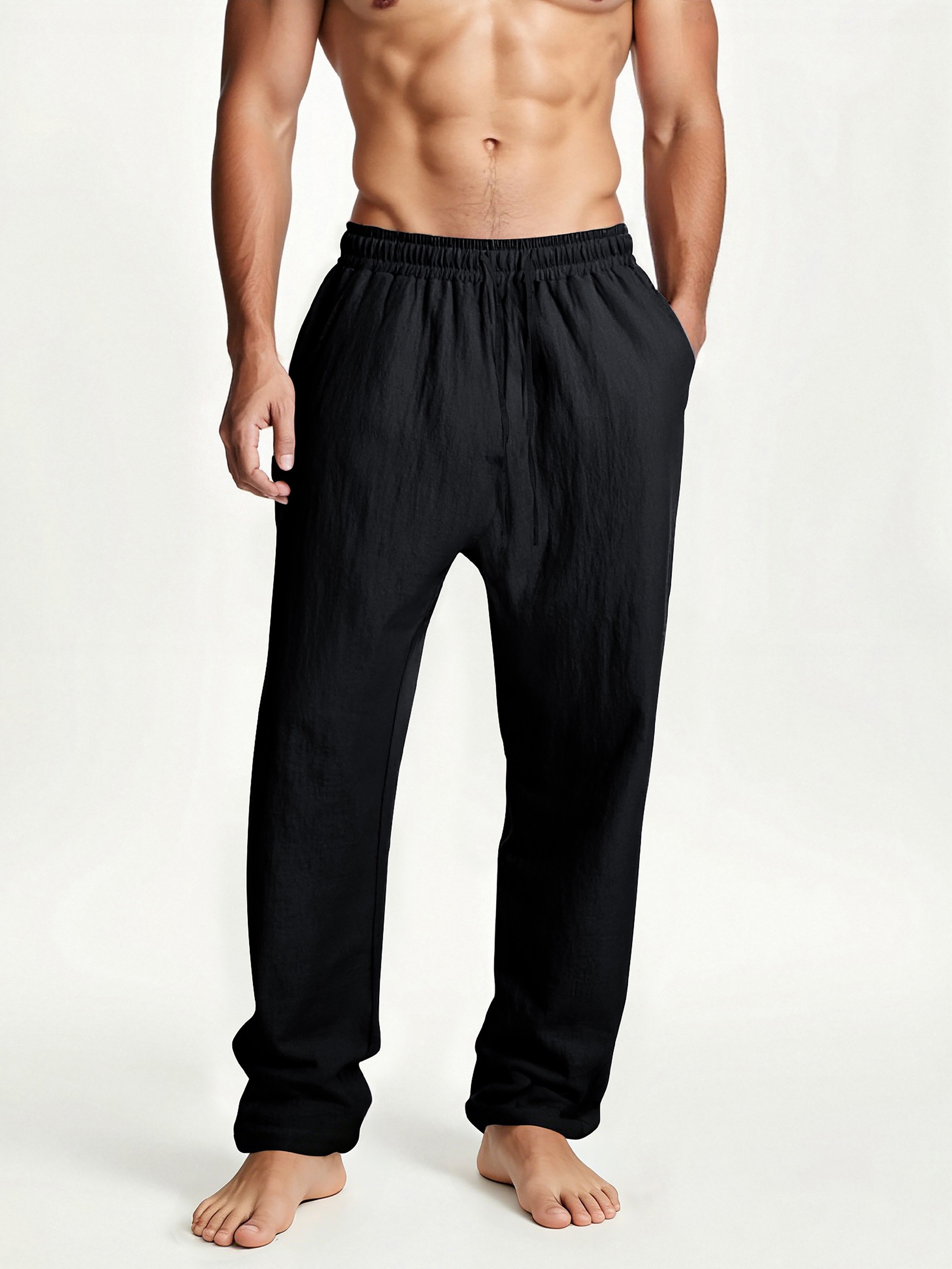 Mens Black Solid Drawstring Pants