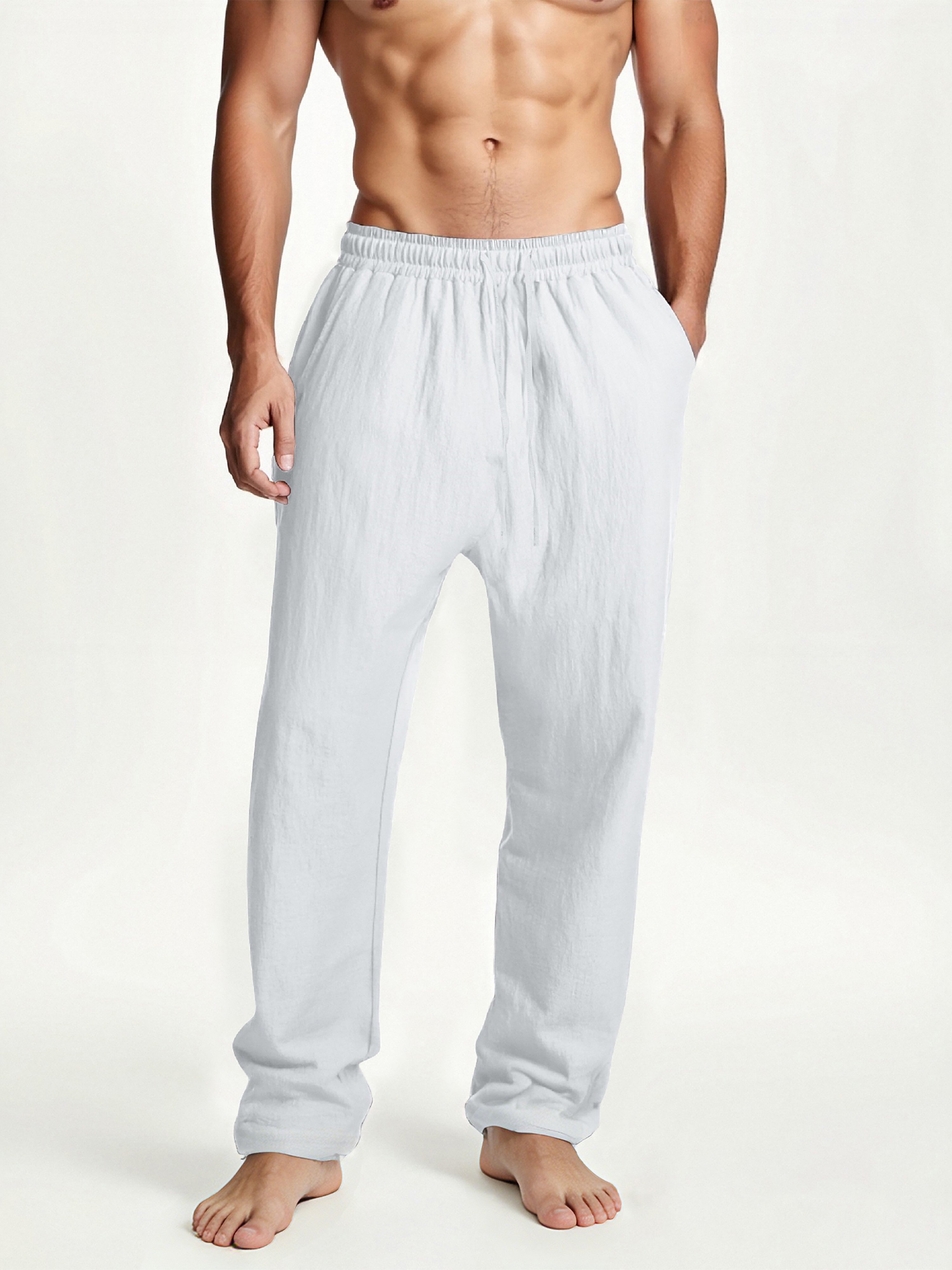Mens White Solid Drawstring Pants