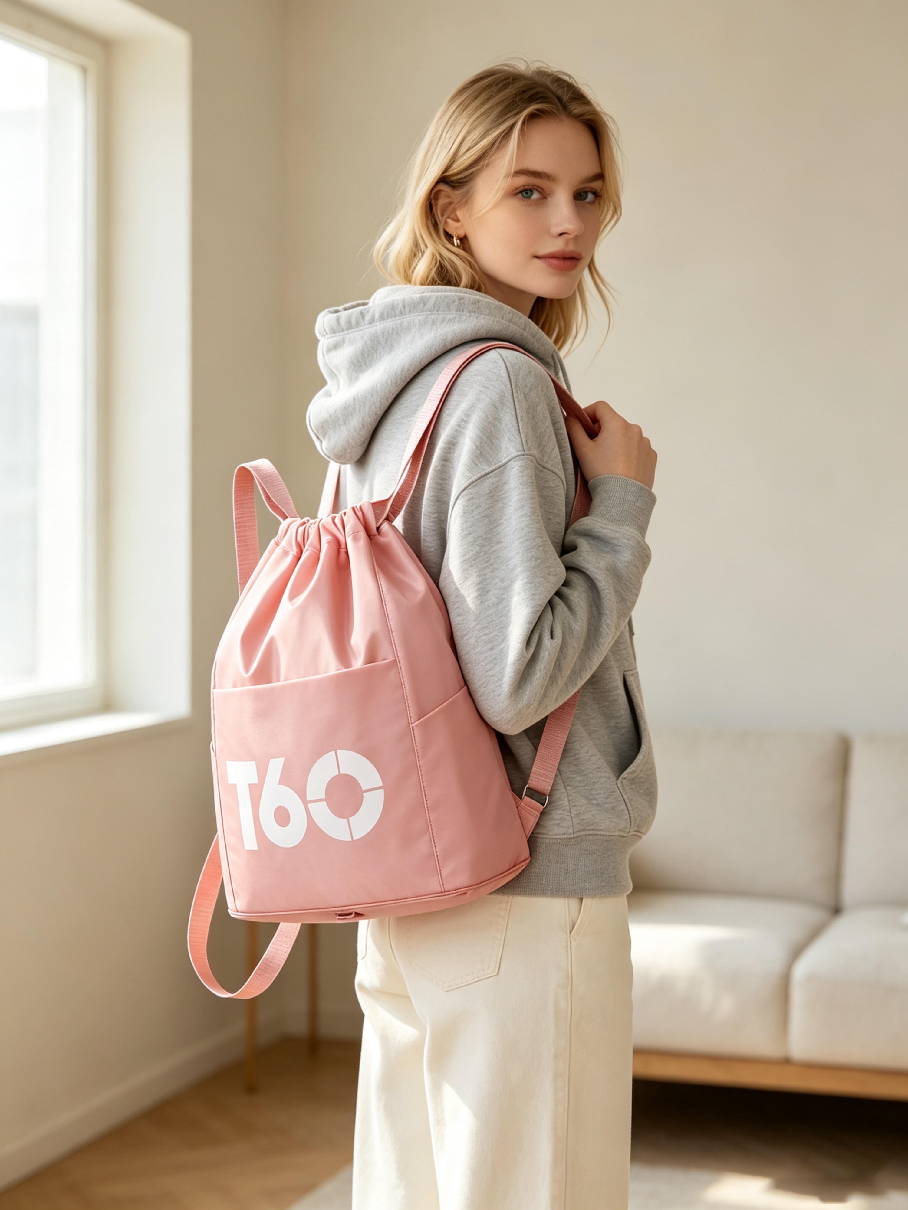 Pink Sporty Drawstring Backpack 
