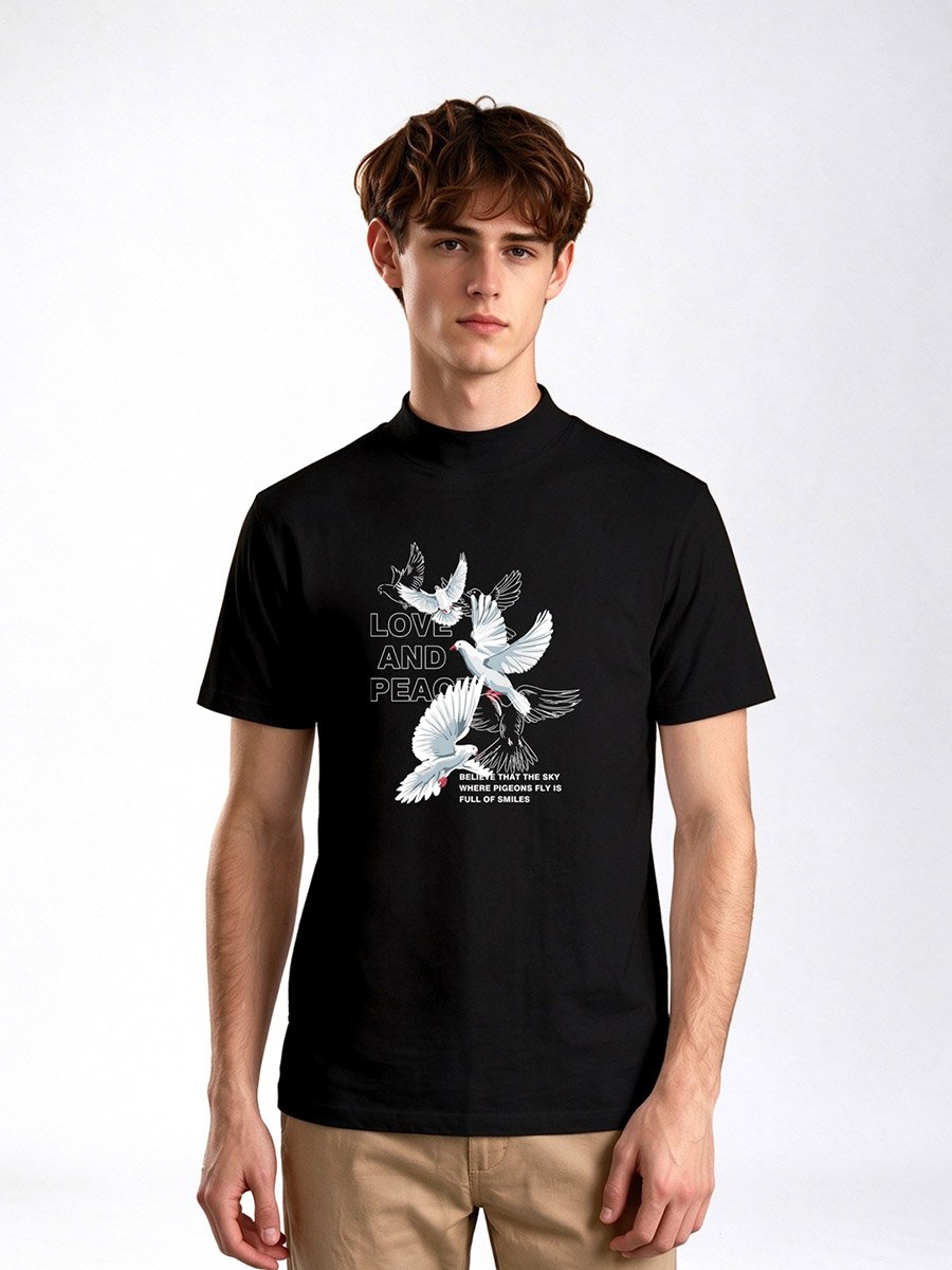 Black Graphic Print Mock Neck T-Shirt