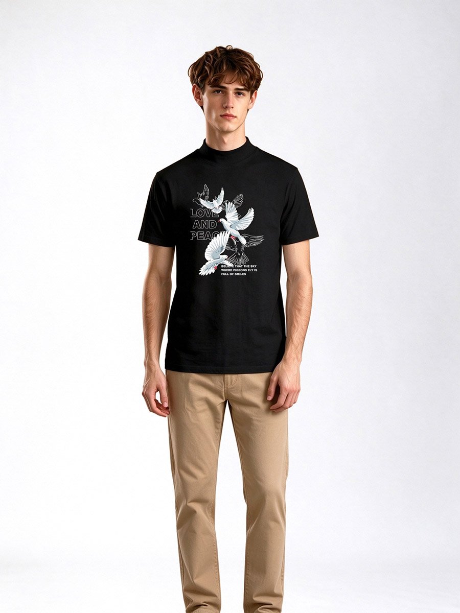 Black Graphic Print Mock Neck T-Shirt