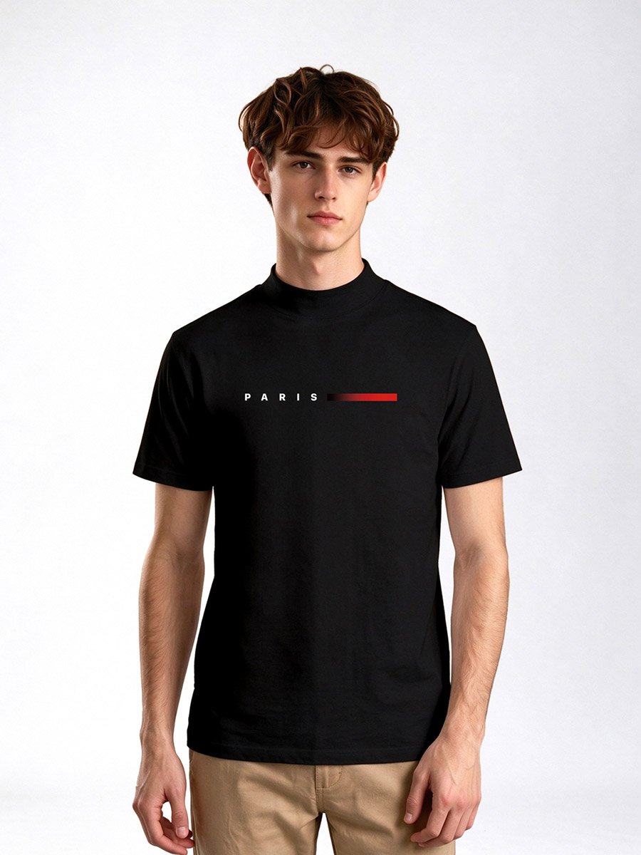 Black Graphic Print Mock Neck T-Shirt