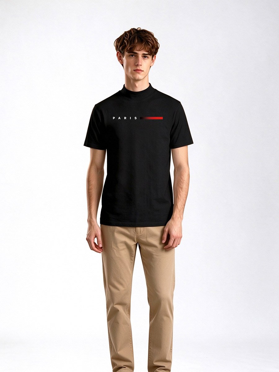 Black Graphic Print Mock Neck T-Shirt