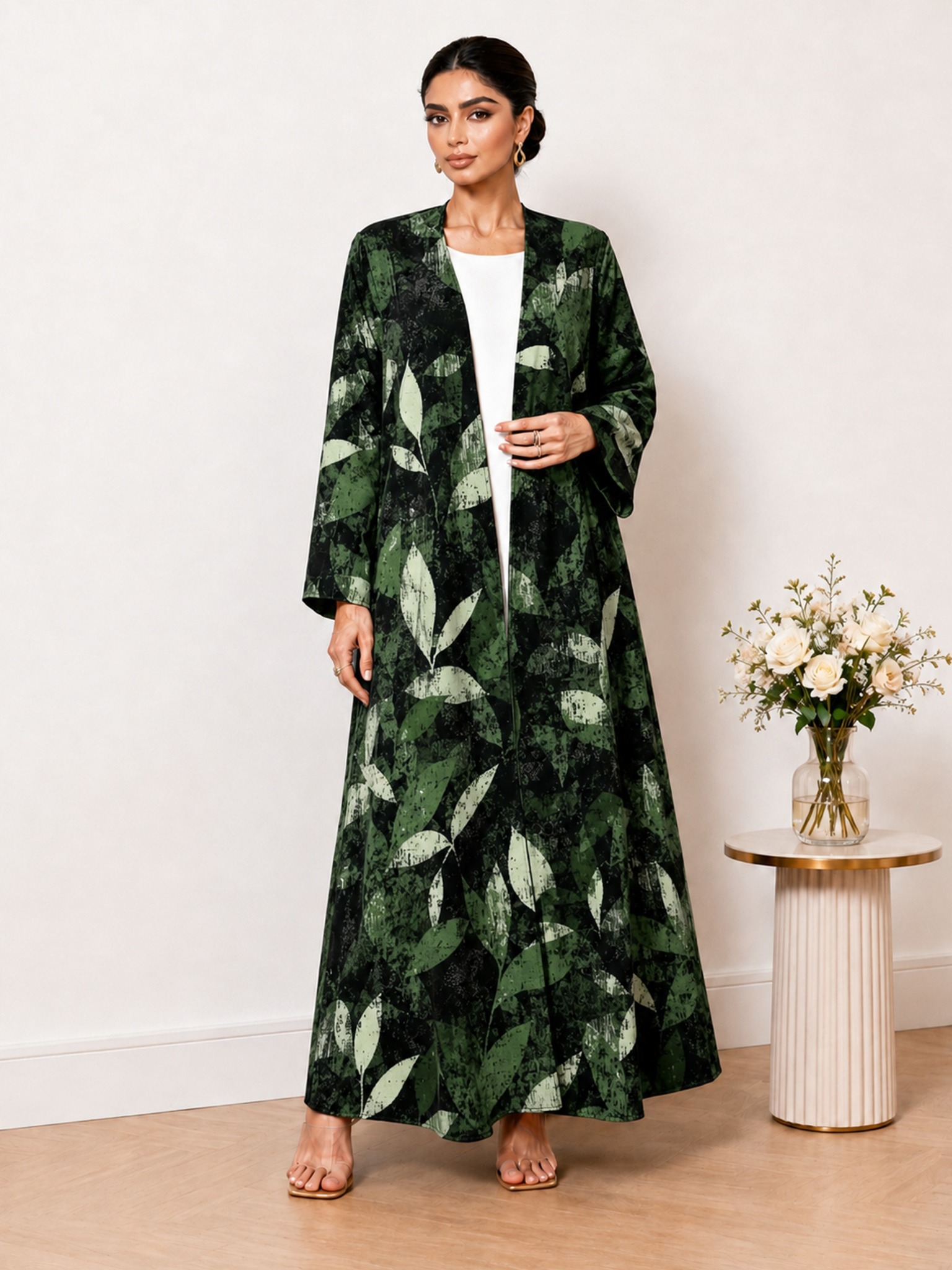 Green Tropical Leaf Print Open Front Abaya