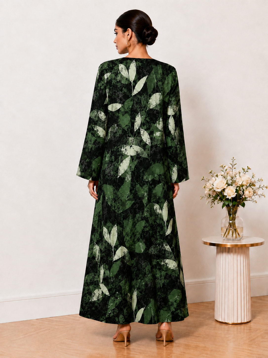 Green Tropical Leaf Print Open Front Abaya