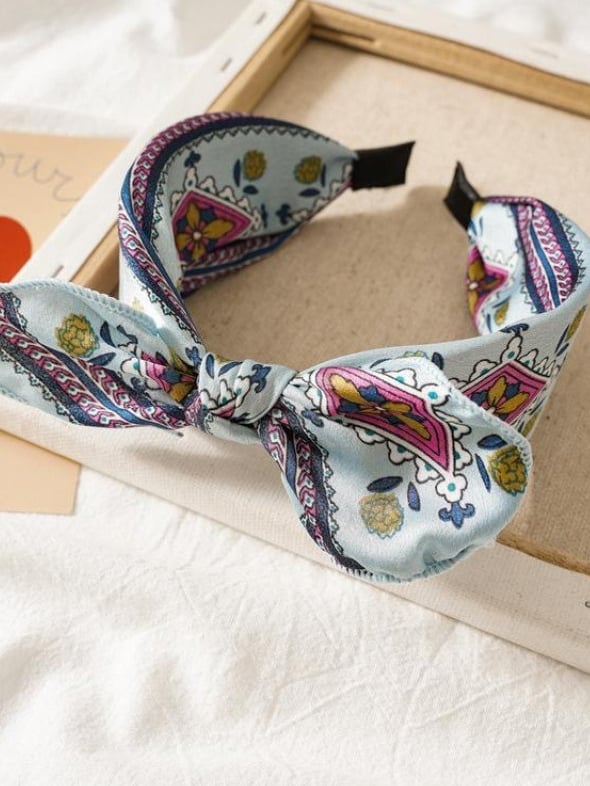 Light Blue Floral Print Bow Headband