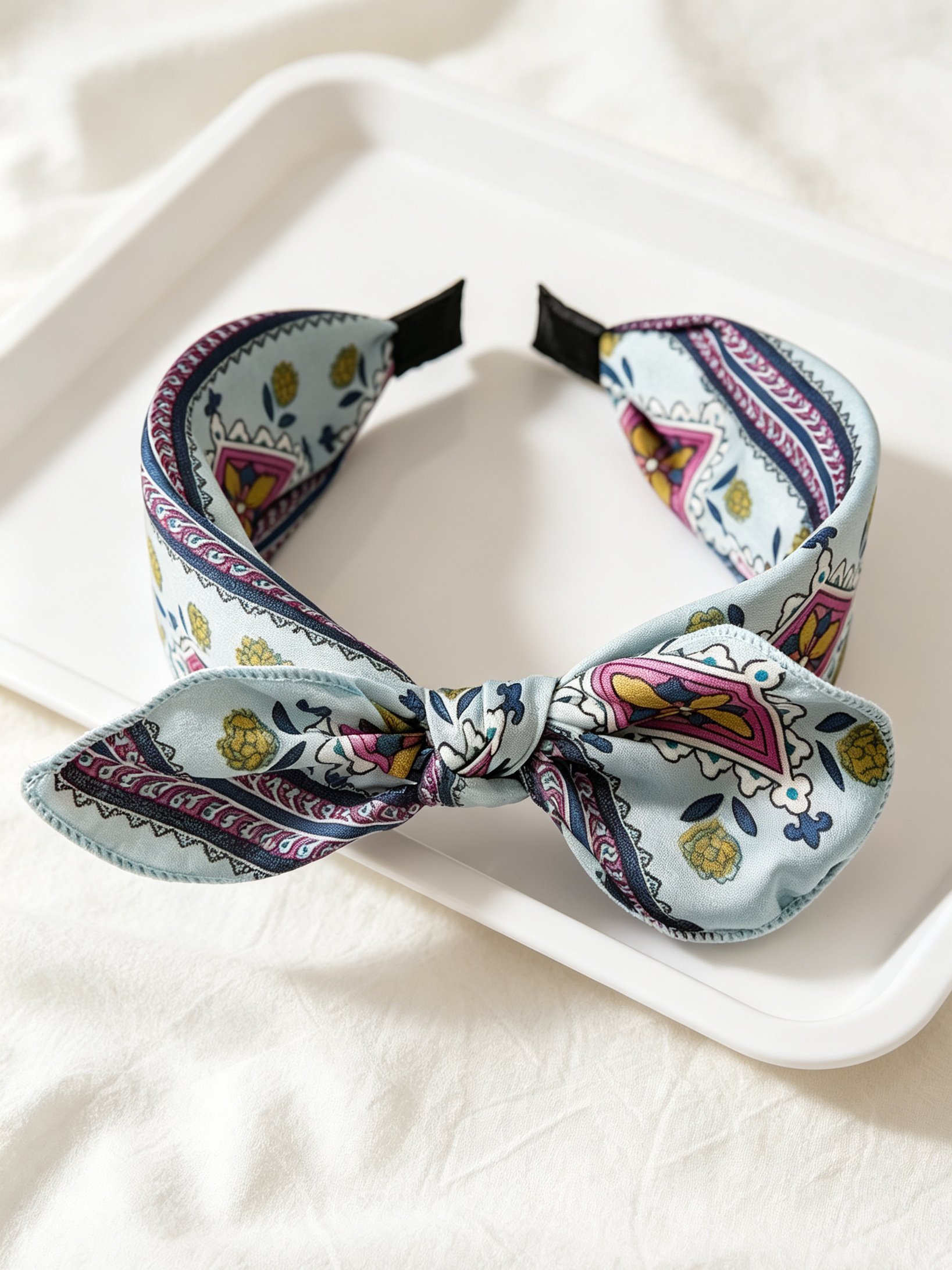 Light Blue Floral Print Bow Headband
